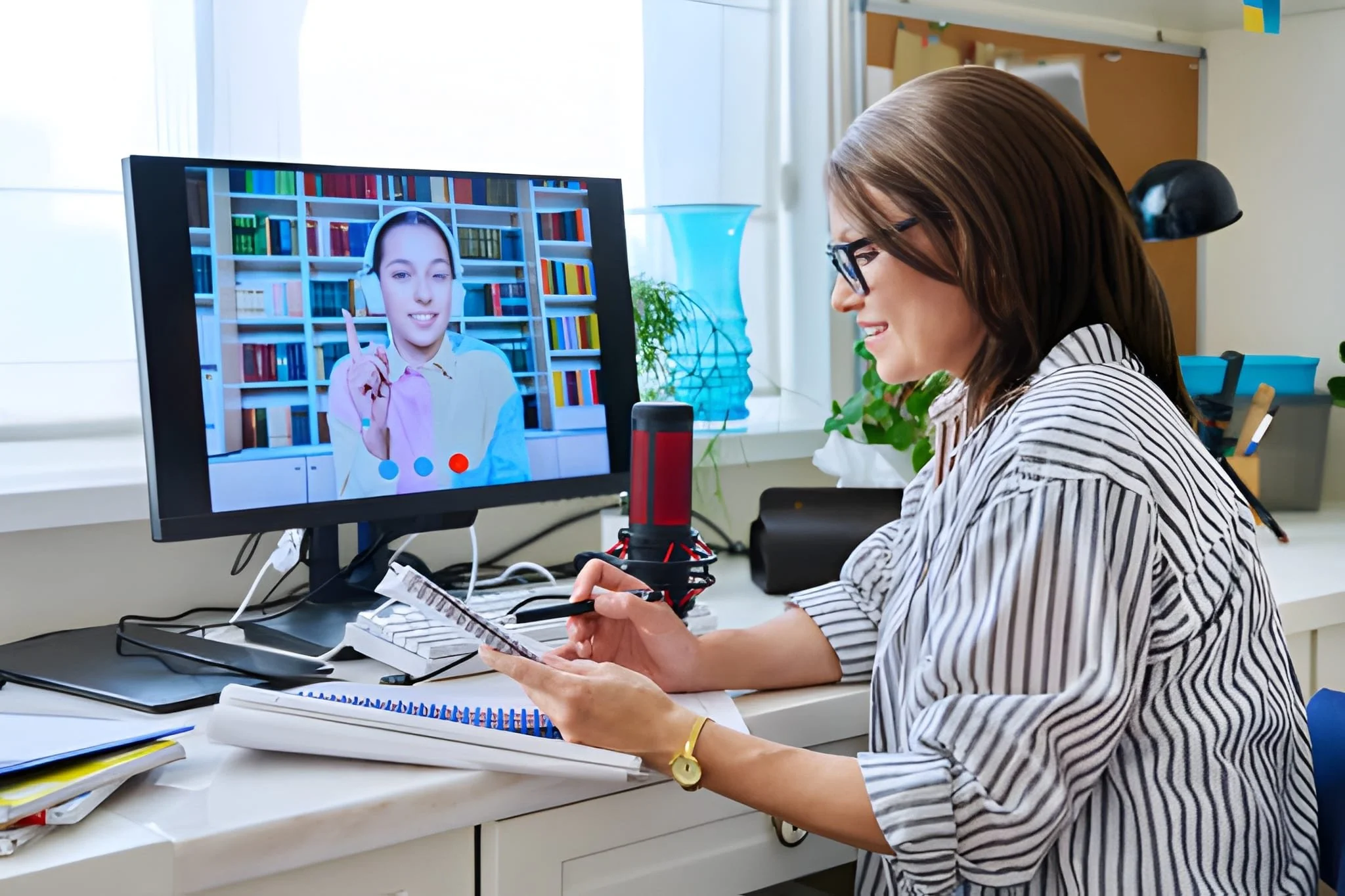 Woman in striped shirt and glasses participating in a video call on her desktop computer, with a woman on the screen wearing headphones and a yellow shirt, in a bright home office with bookshelves, plants, and decorations.