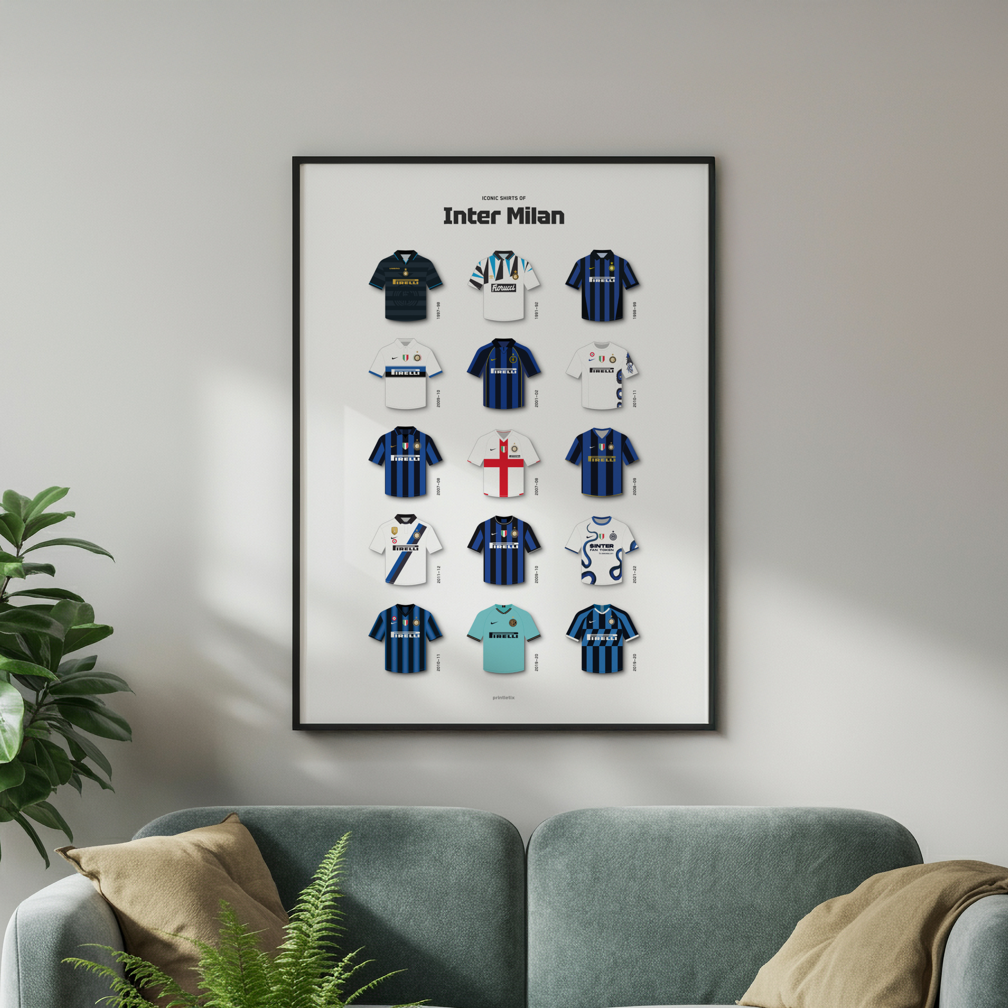 Inter Milan iconic shirts poster framed on wall