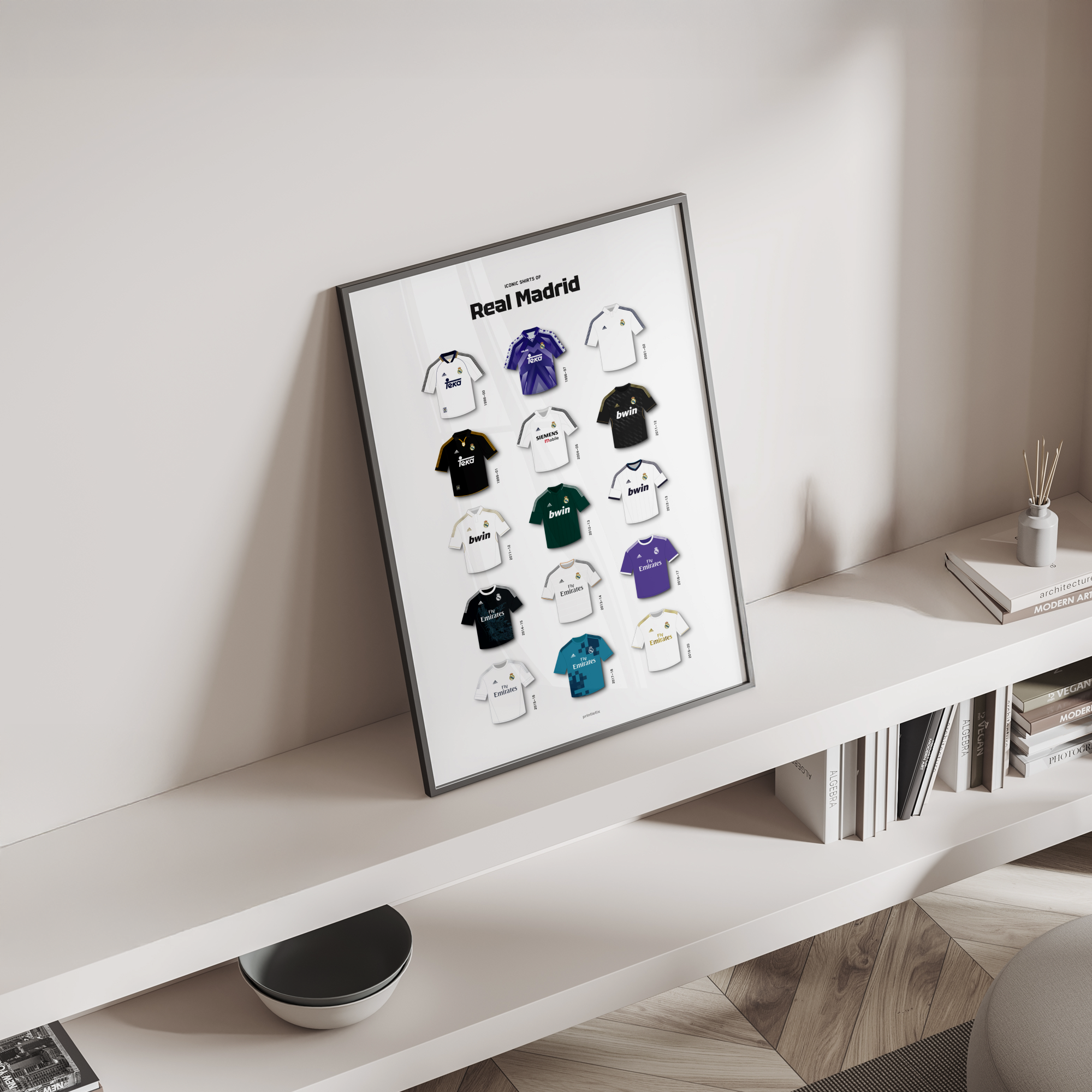 Los Blancos iconic kits poster standing on a shelf