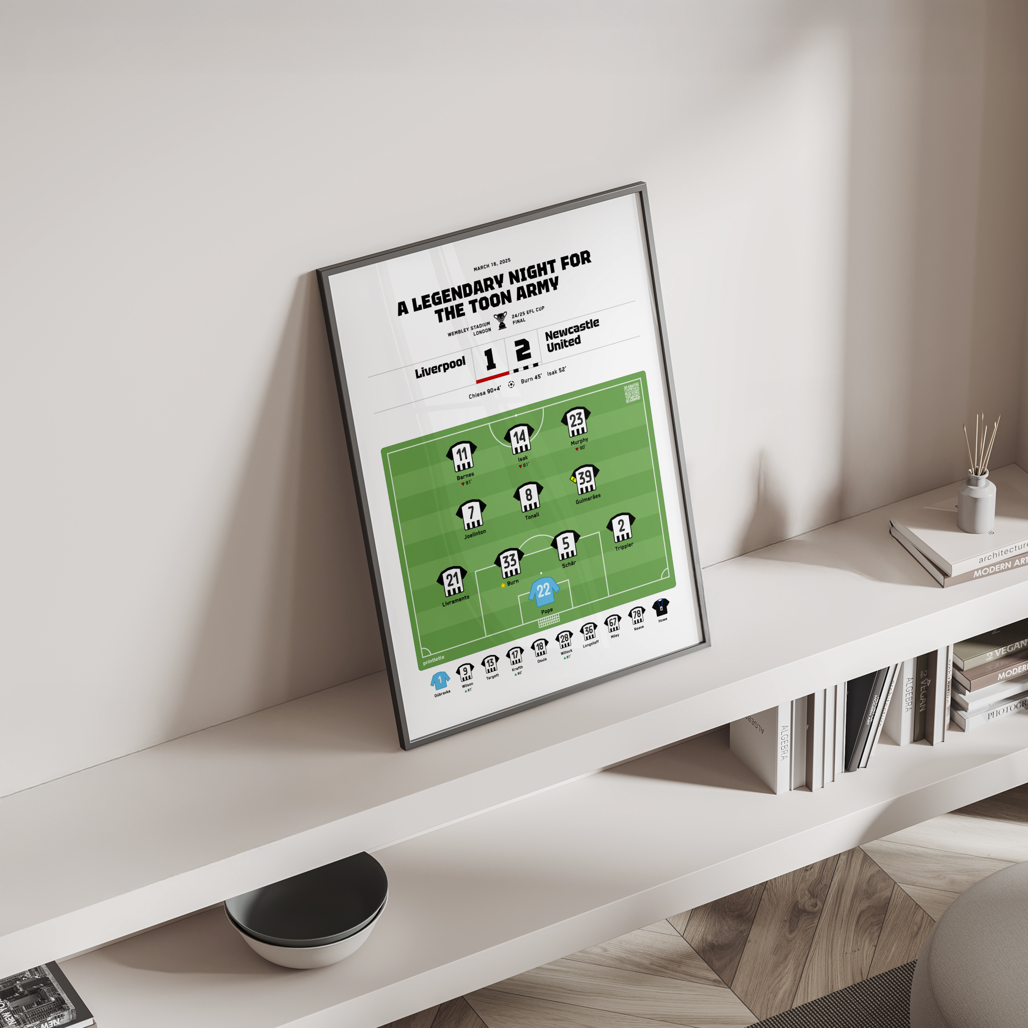 Magpies trophy winning match poster standing on a shelf