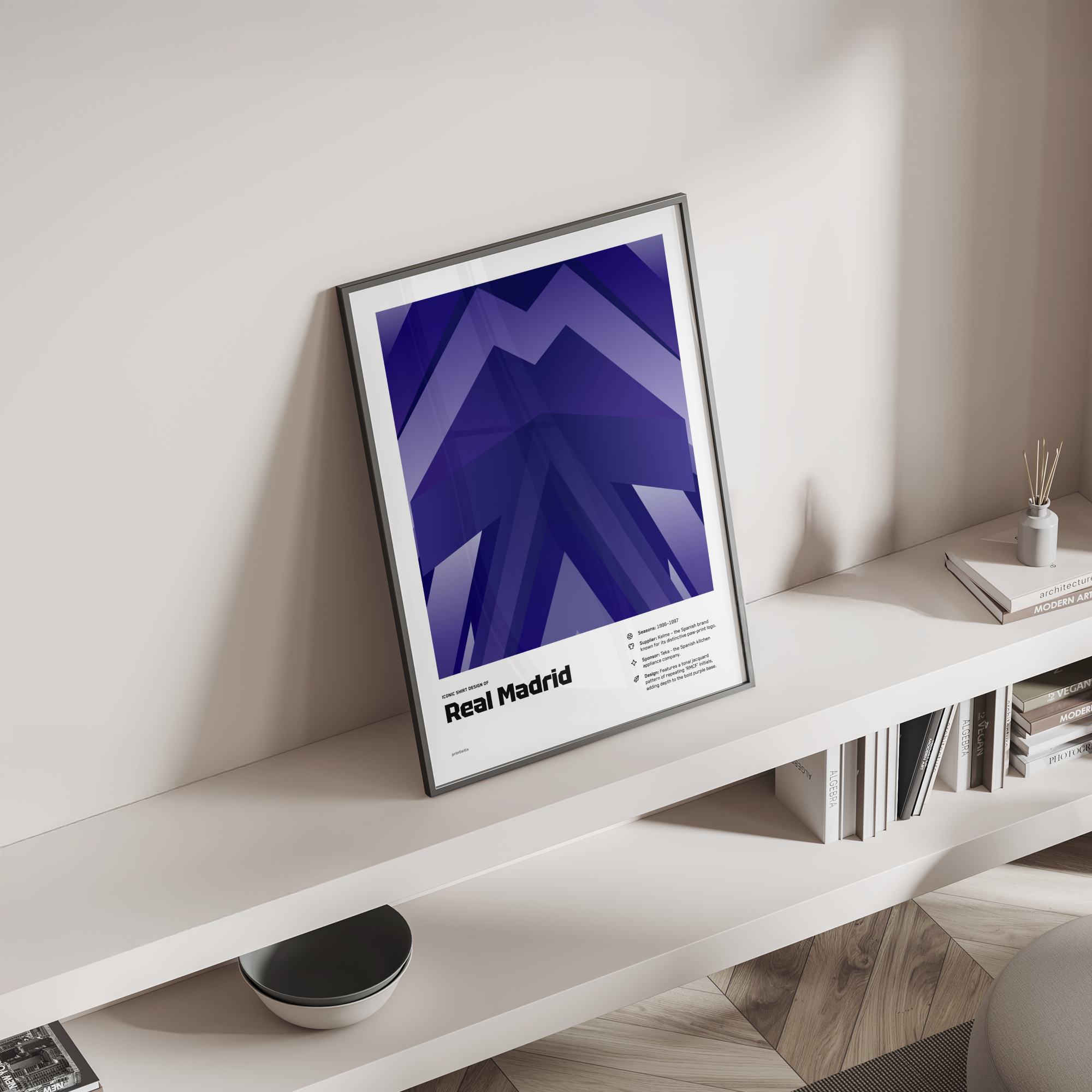 Real Madrid “Purple Arrow” shirt poster standing on a shelf