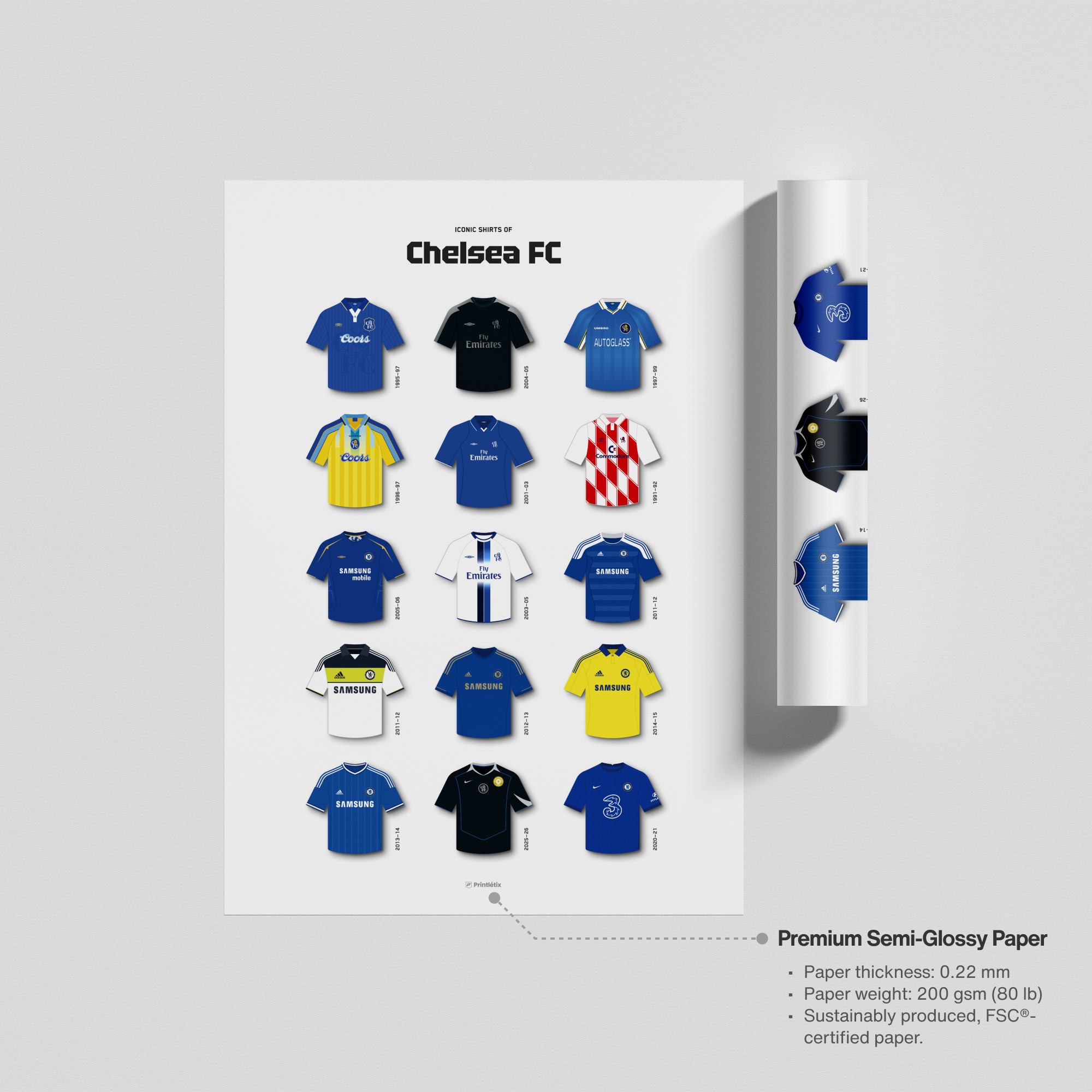 Chelsea FC poster next to a rolled print showing the premium 200 gsm semi-glossy paper texture and thickness.