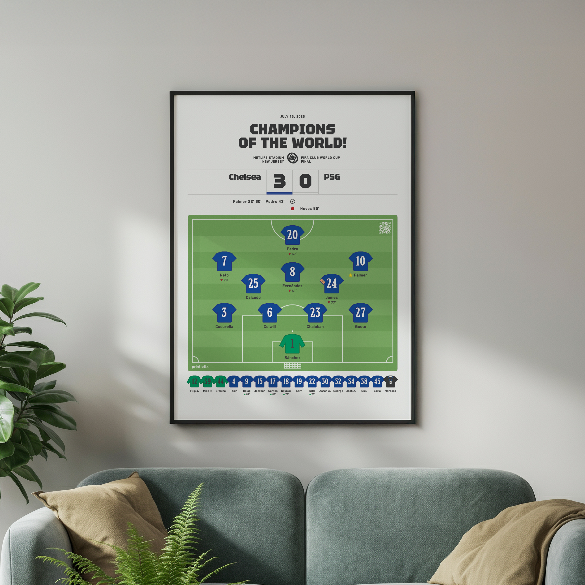 Chelsea Champions 2025 match poster framed on wall