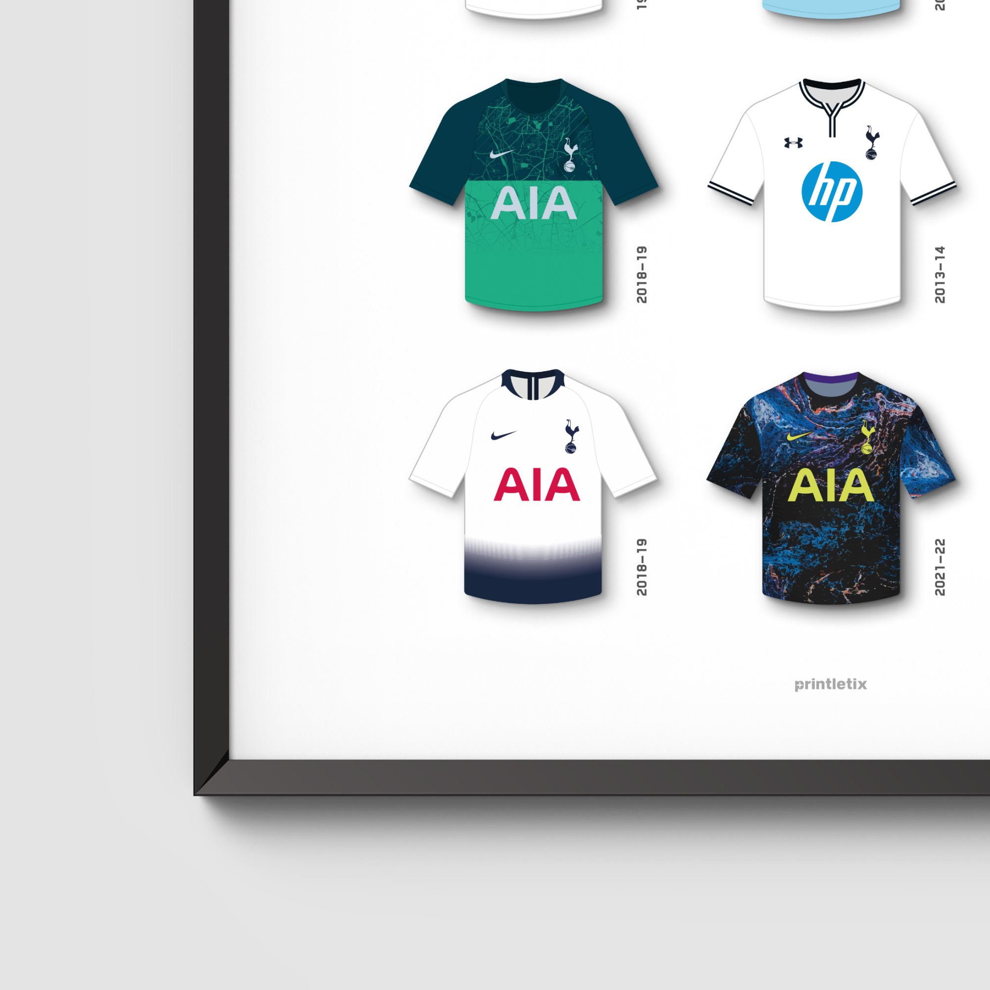 Close-up view of The Lilywhites retro jerseys wall art