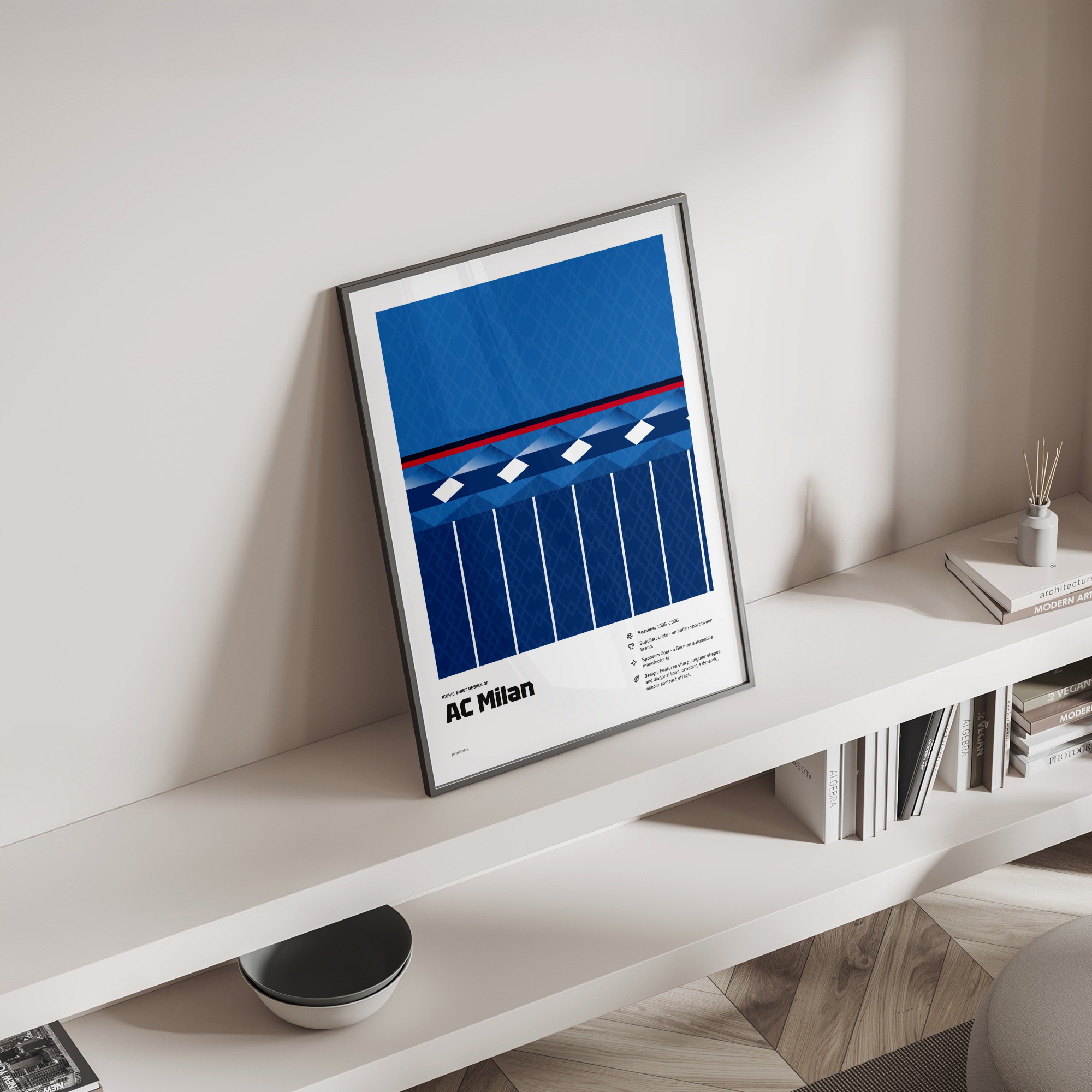 AC Milan “Blue Diamond” shirt poster standing on a shelf