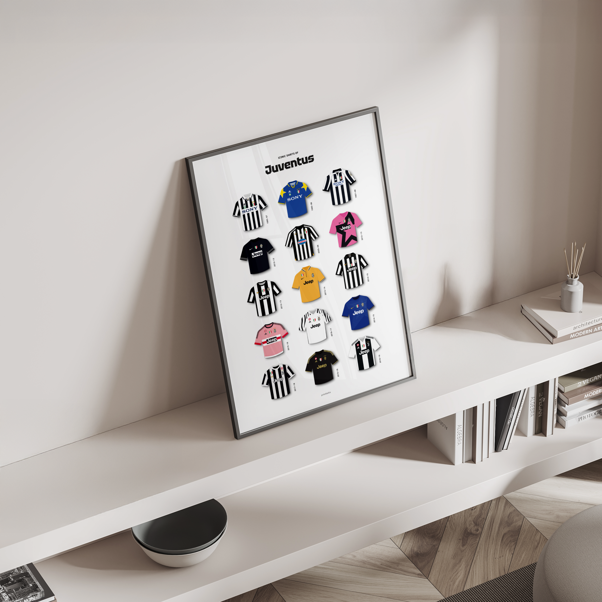 Bianconeri iconic kits poster standing on a shelf