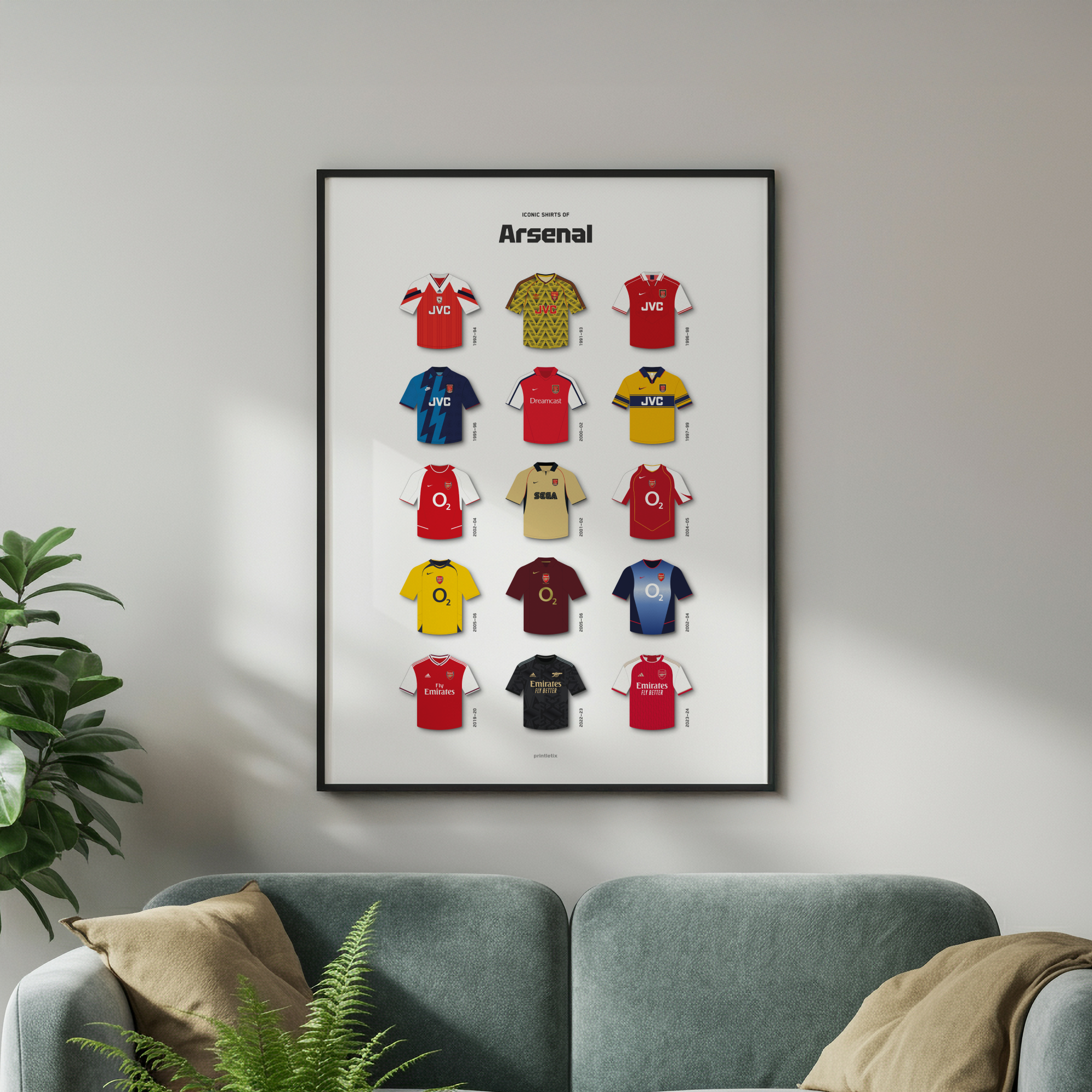 Arsenal iconic shirts poster framed on wall