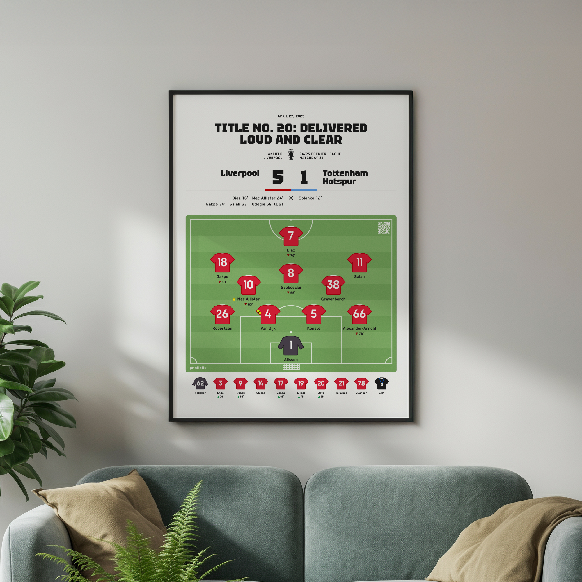 Liverpool Champions 2025 match poster framed on wall