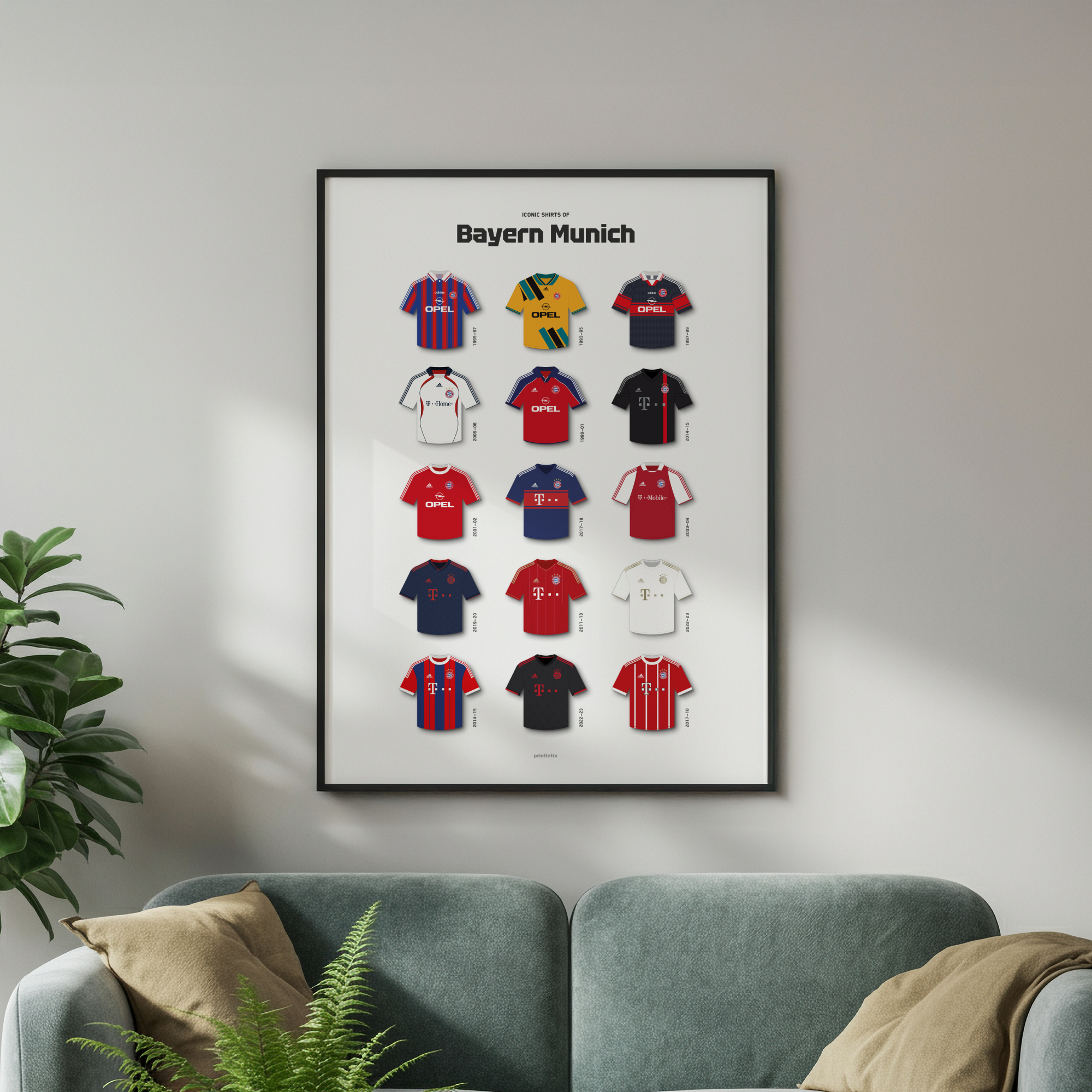 Bayern Munich iconic shirts poster framed on wall
