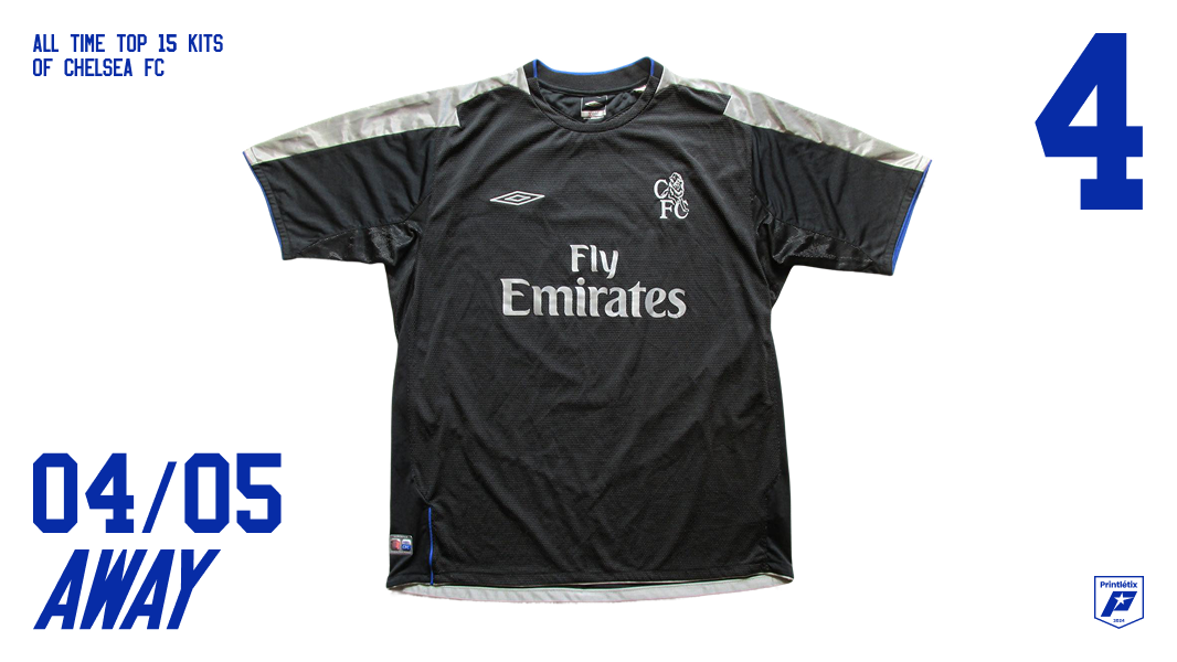 Chelsea FC 2004-05 away kit — all black with grey shoulder panels, Umbro, Fly Emirates sponsor — ranked #4 in Printlétix all-time top 15