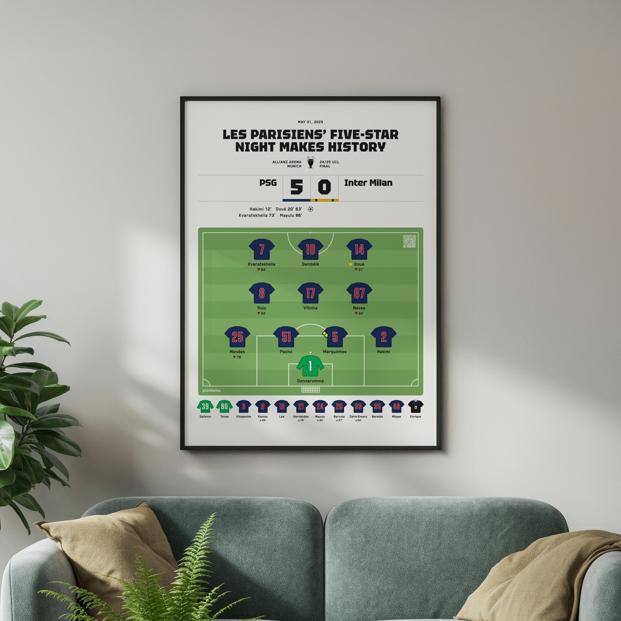 PSG 2025 Final match poster framed on wall