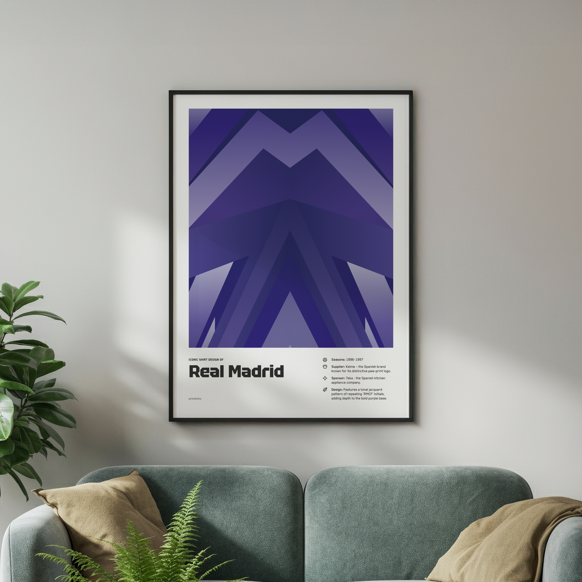 Real Madrid 1996-1997 kit poster framed on wall