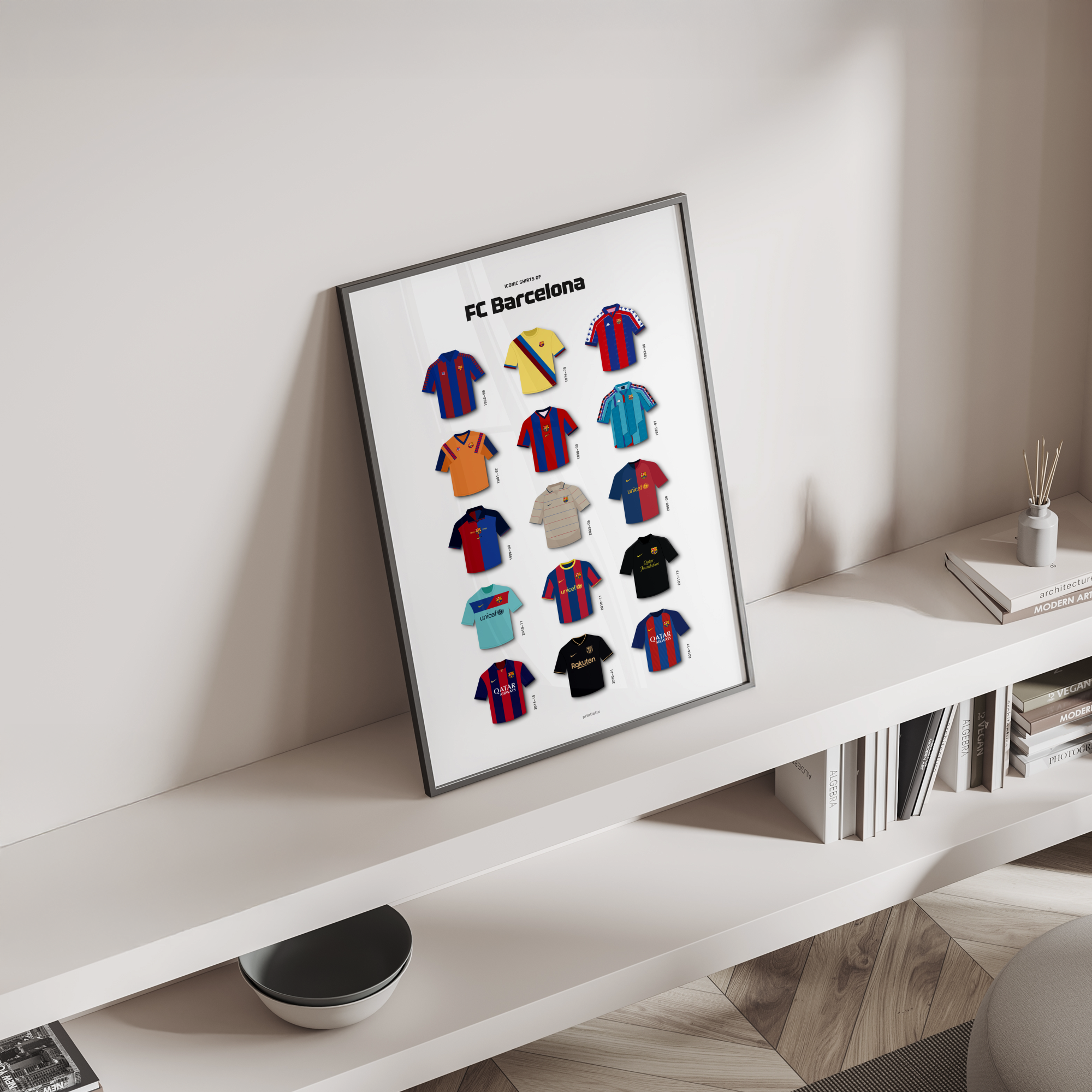 Blaugrana iconic kits poster standing on a shelf