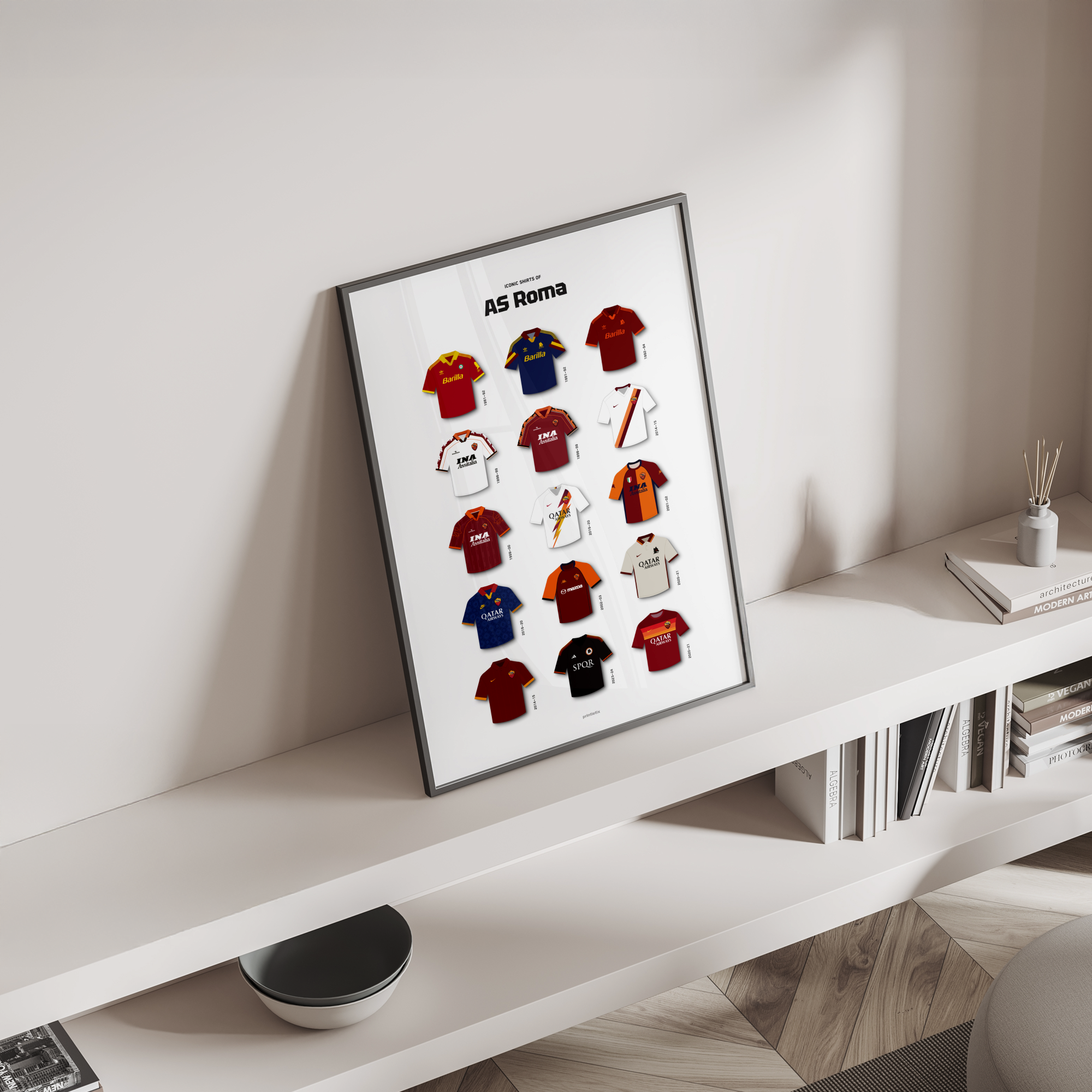 Giallorossi iconic kits poster standing on a shelf