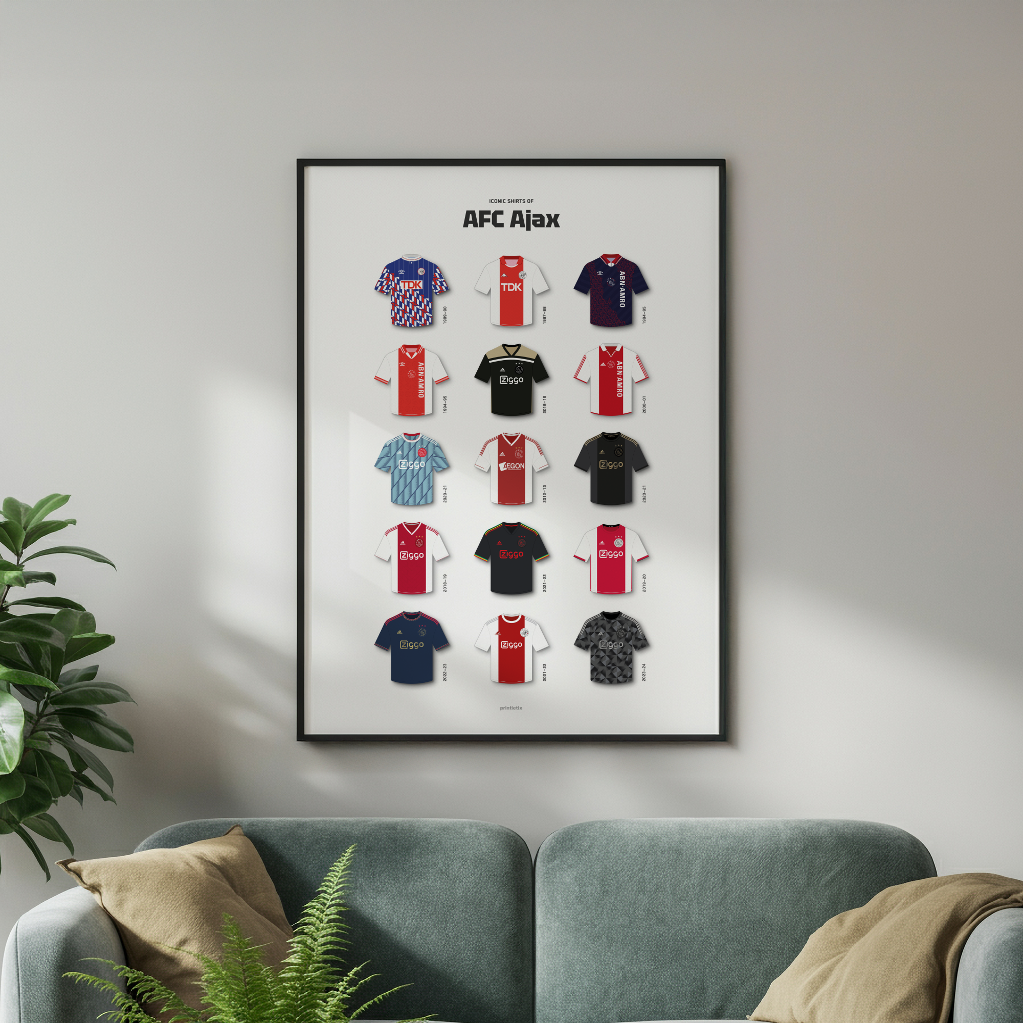 Ajax iconic shirts poster framed on wall