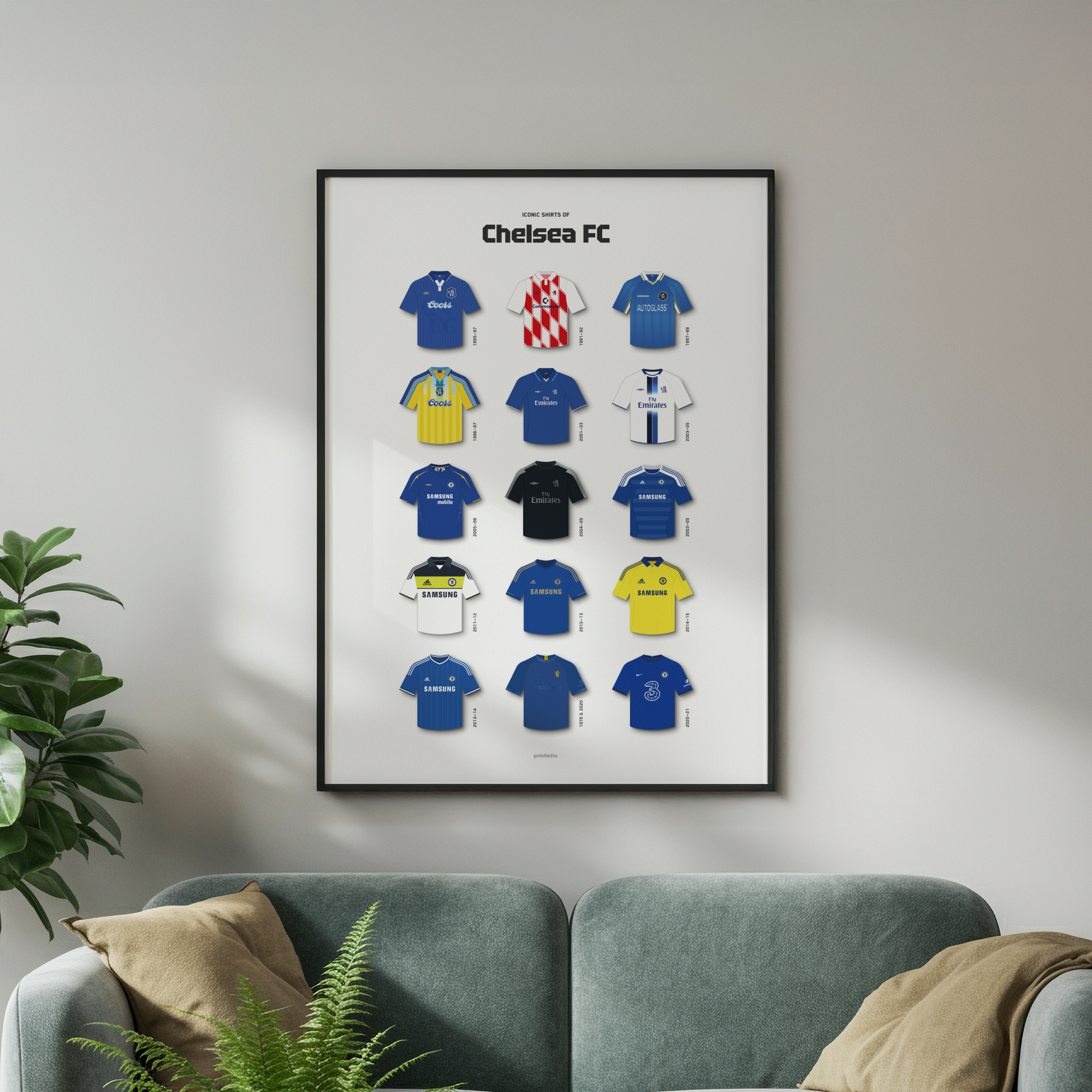 Chelsea FC iconic shirts poster framed on wall