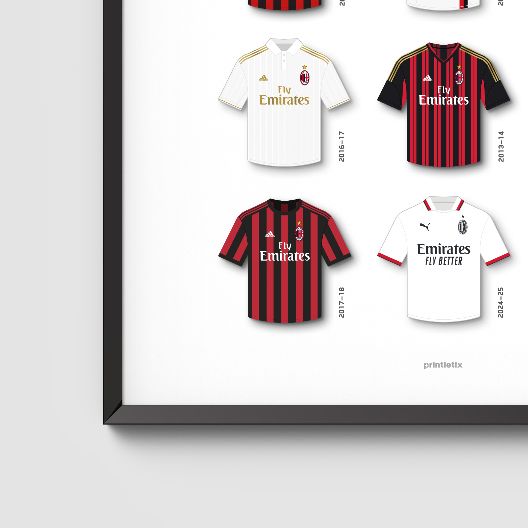 Close-up view of Milan retro jerseys wall art