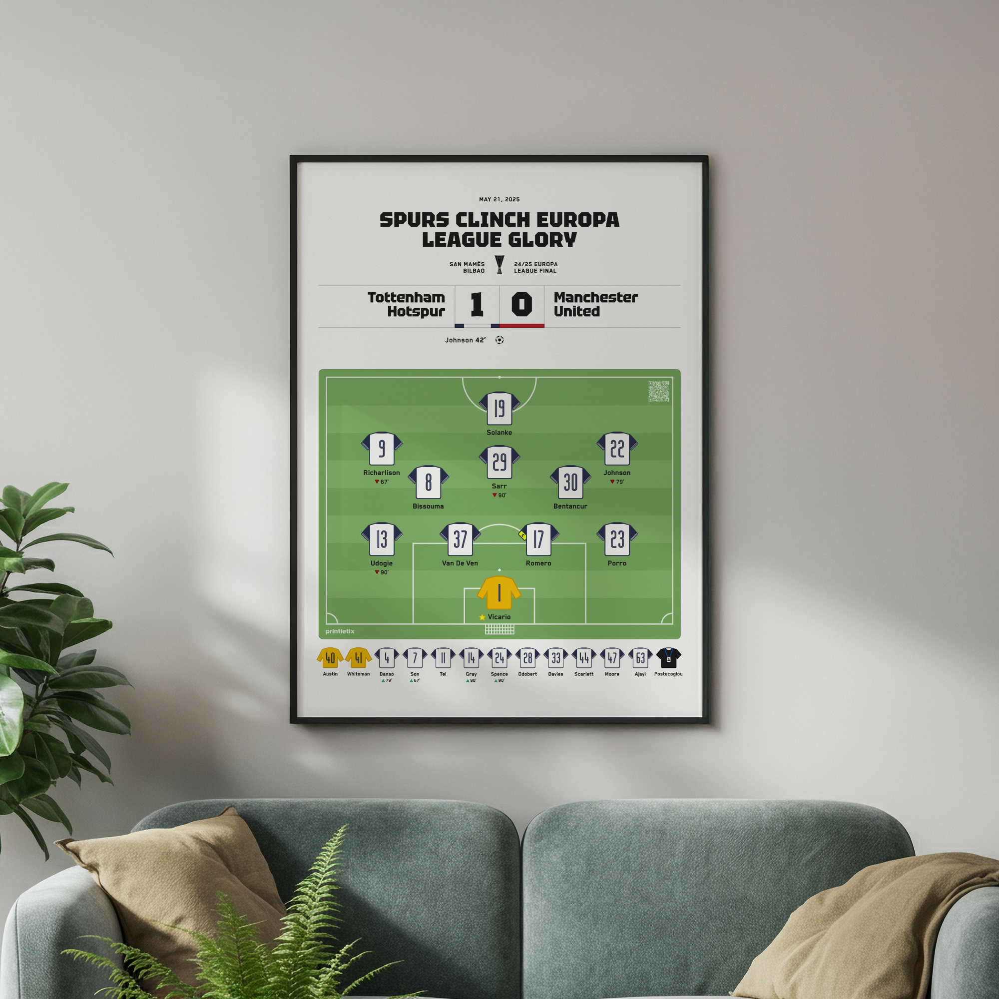 Tottenham 2025 Final match poster framed on wall