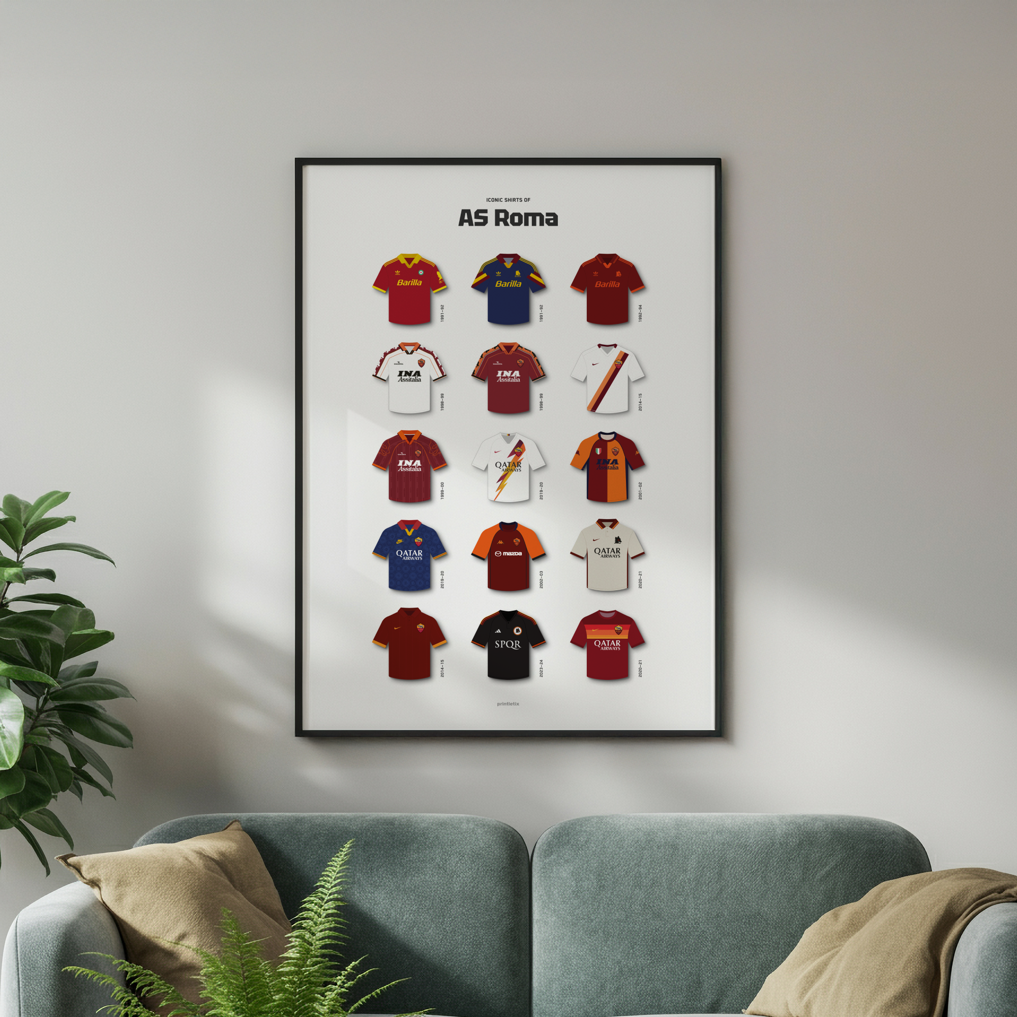 Roma iconic shirts poster framed on wall