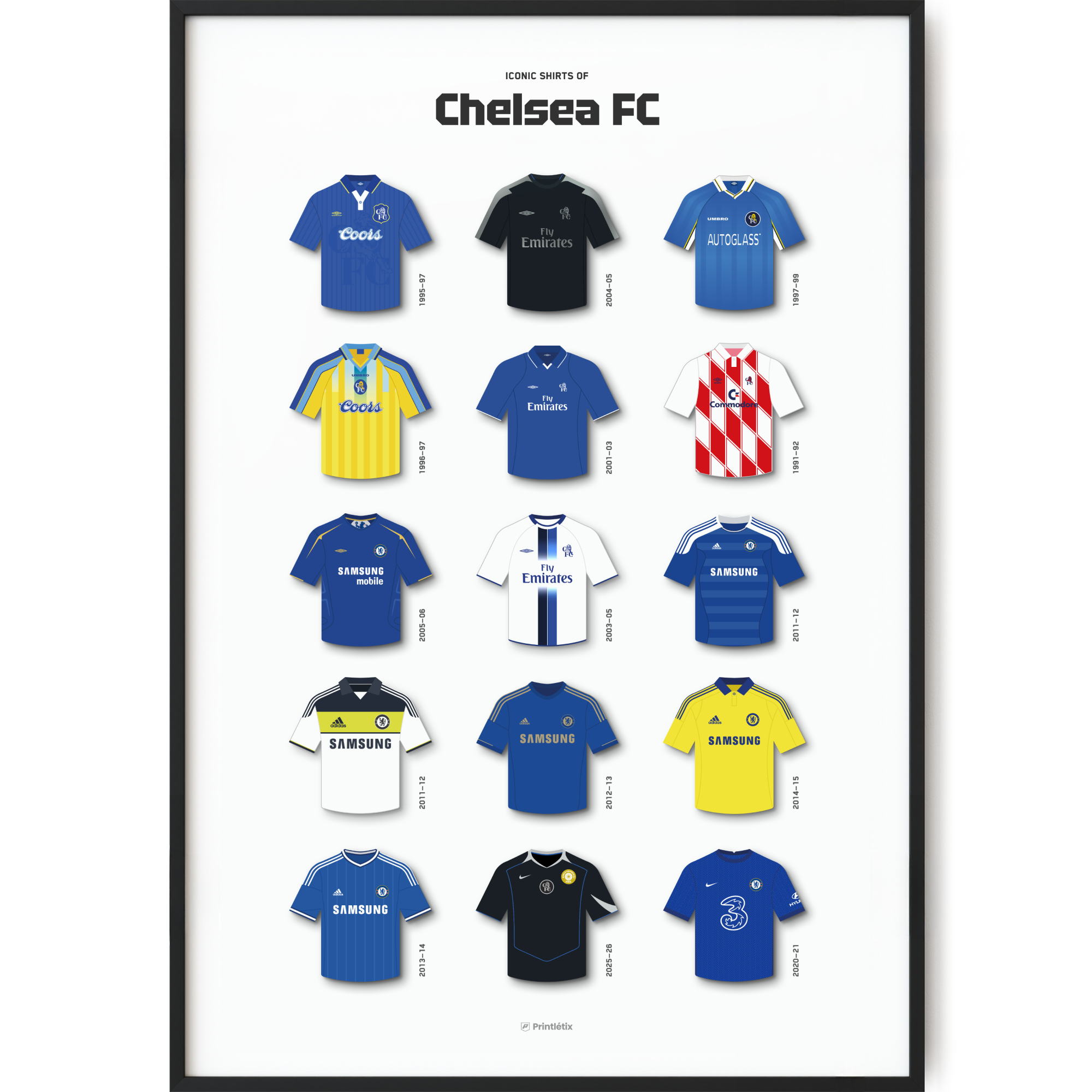Chelsea Iconic Kits Poster, Blues Shirts History Wall Art