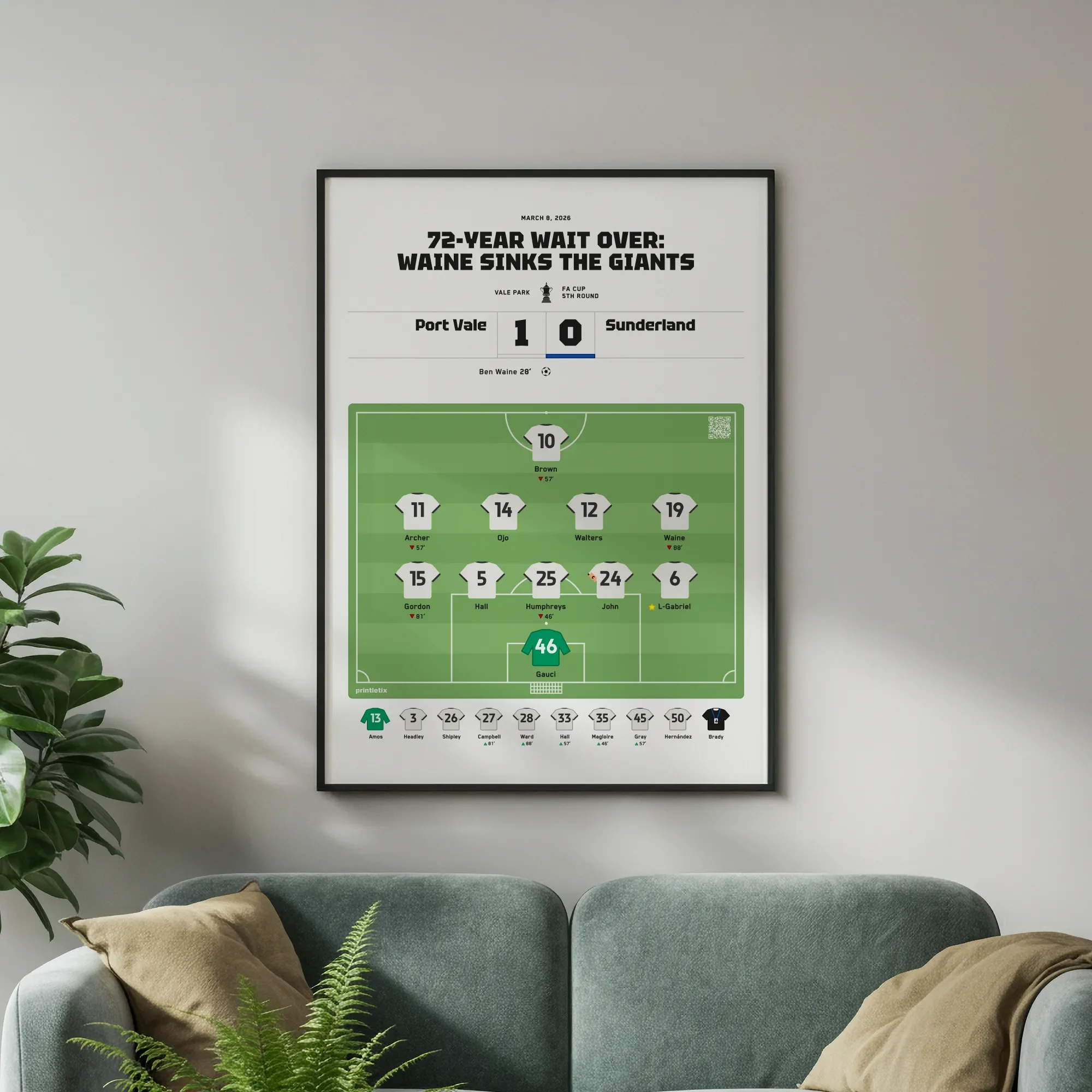 Port Vale football wall art hanging above a modern green sofa with cozy cushions and indoor plants.
