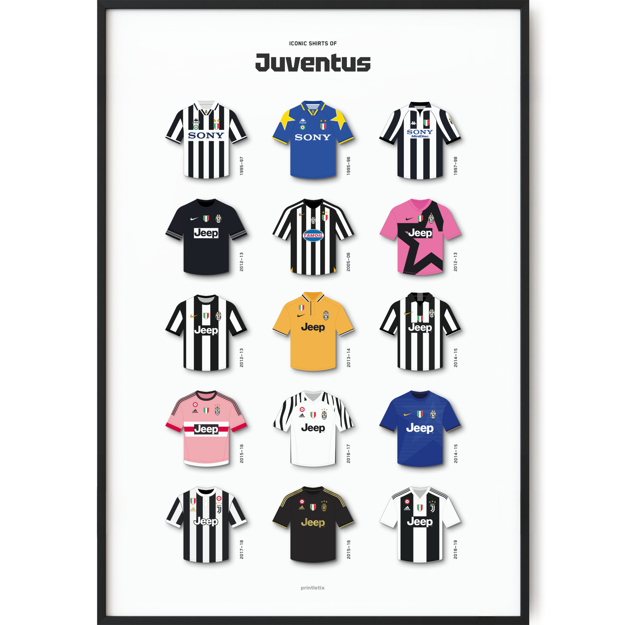 Juventus Iconic Shirts Poster, Football Memorabilia Wall Art