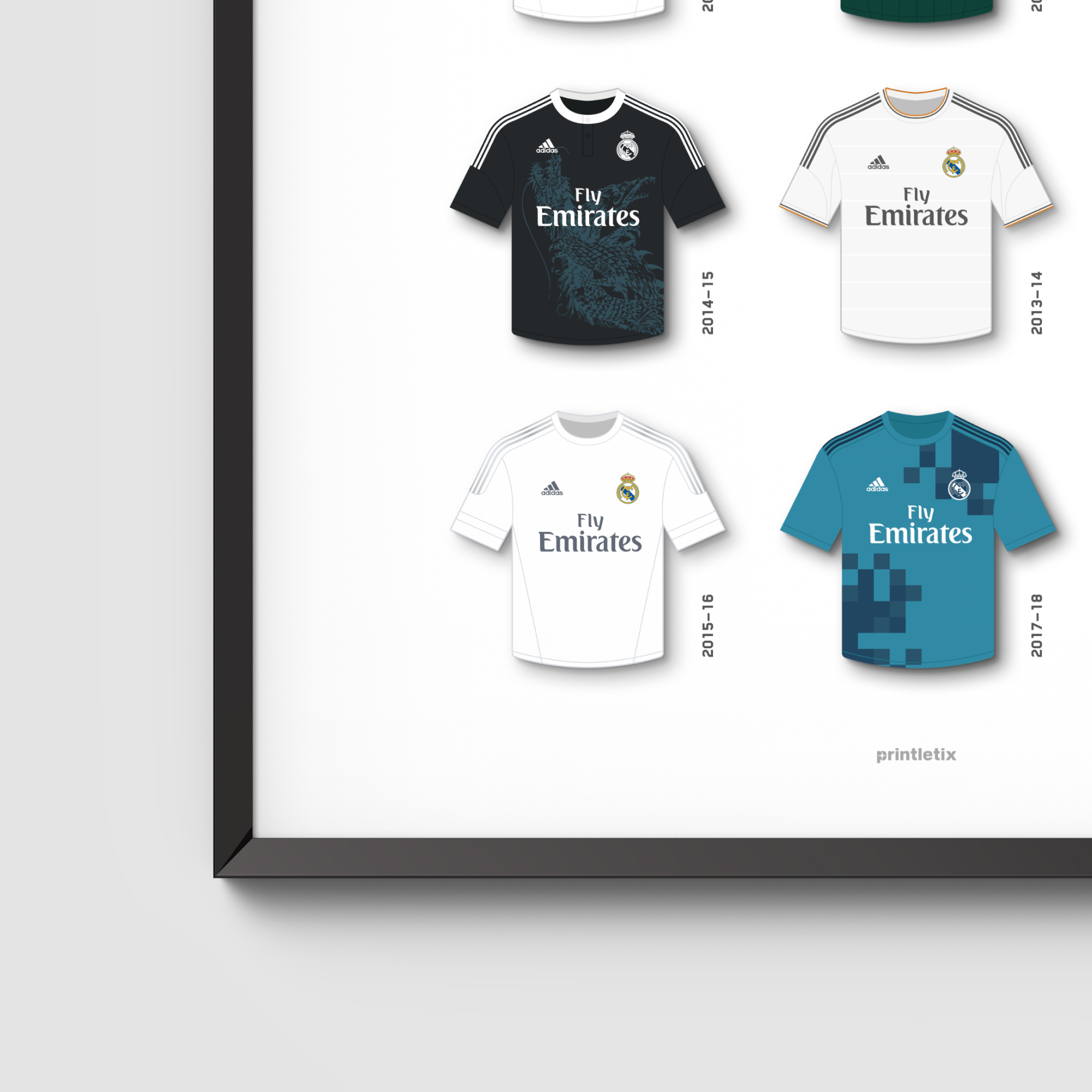 Close-up view of Madridistas retro jerseys wall art