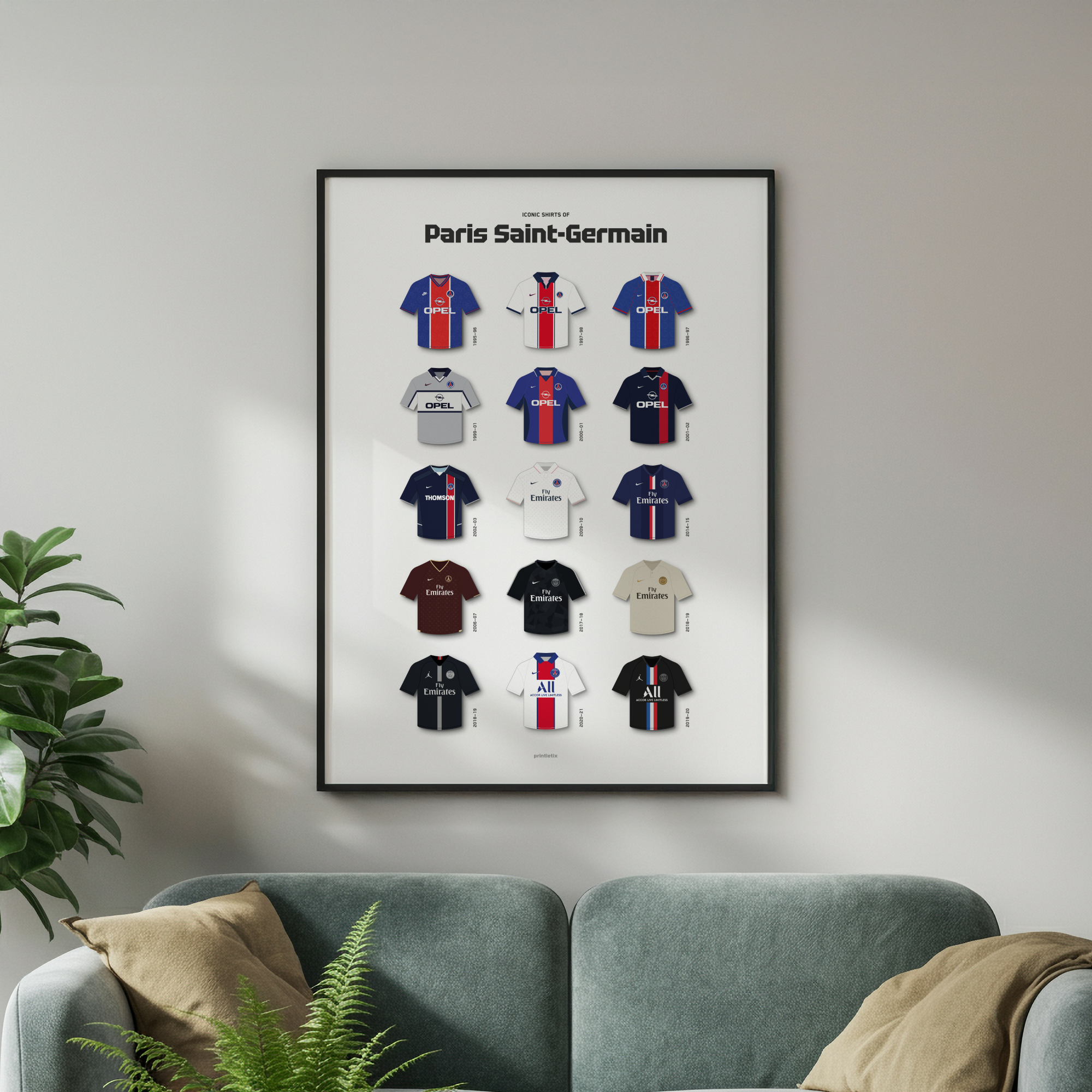PSG iconic shirts poster framed on wall
