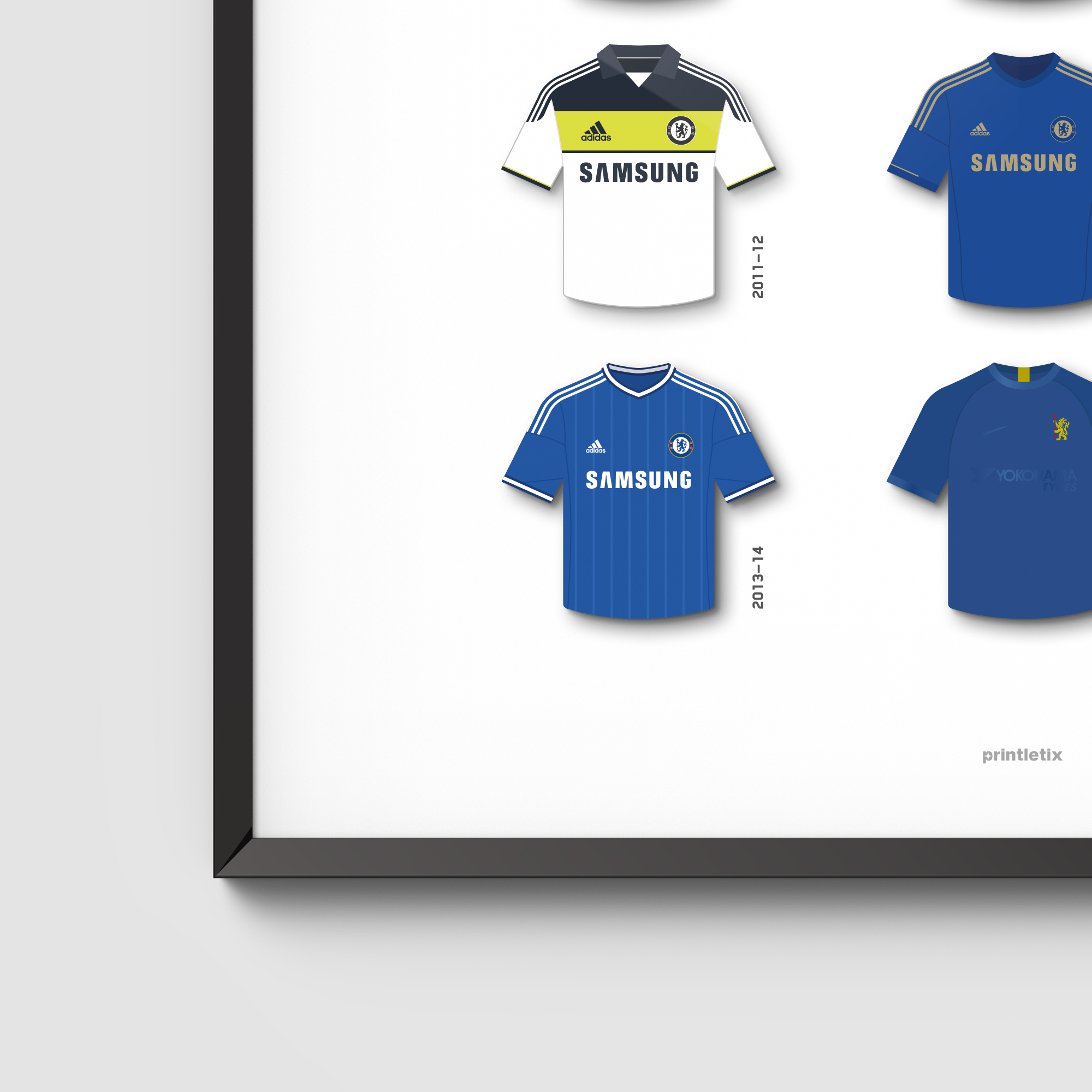 Close-up view of Chelsea FC retro jerseys wall art