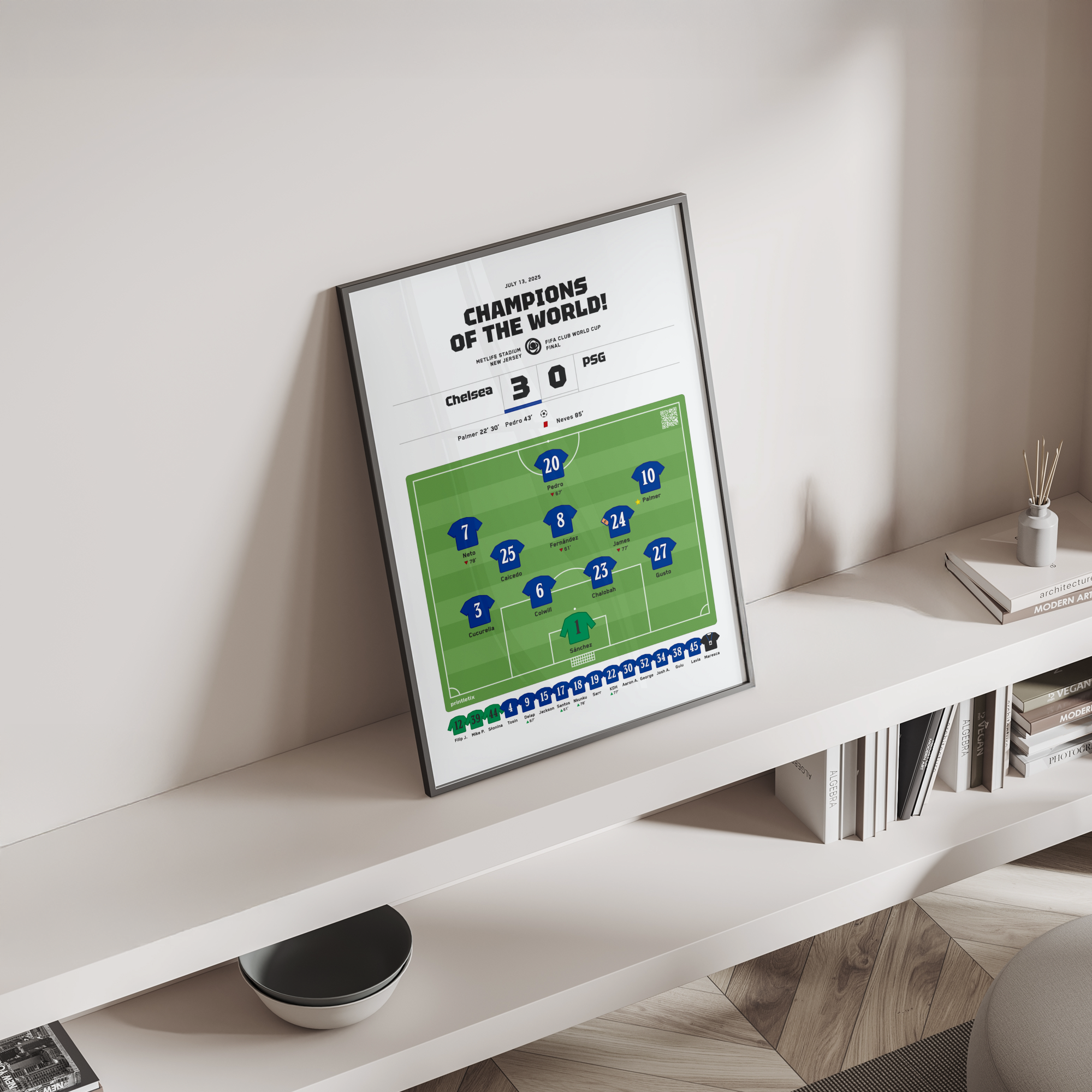 The Blues trophy winning match poster standing on a shelf