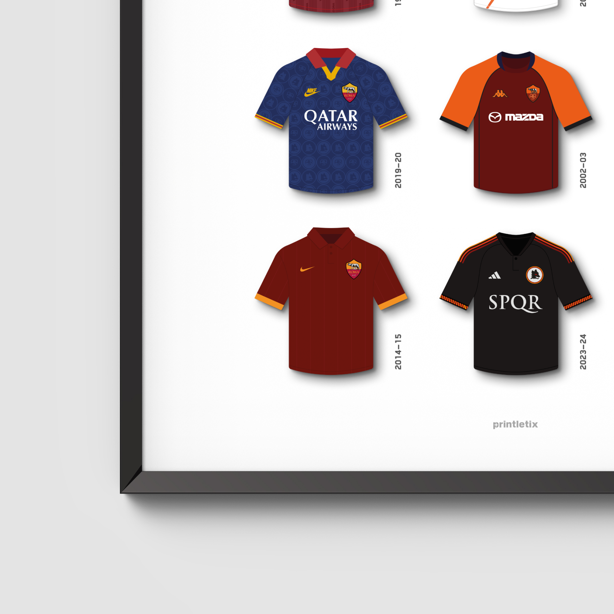 Close-up view of AS Roma retro jerseys wall art