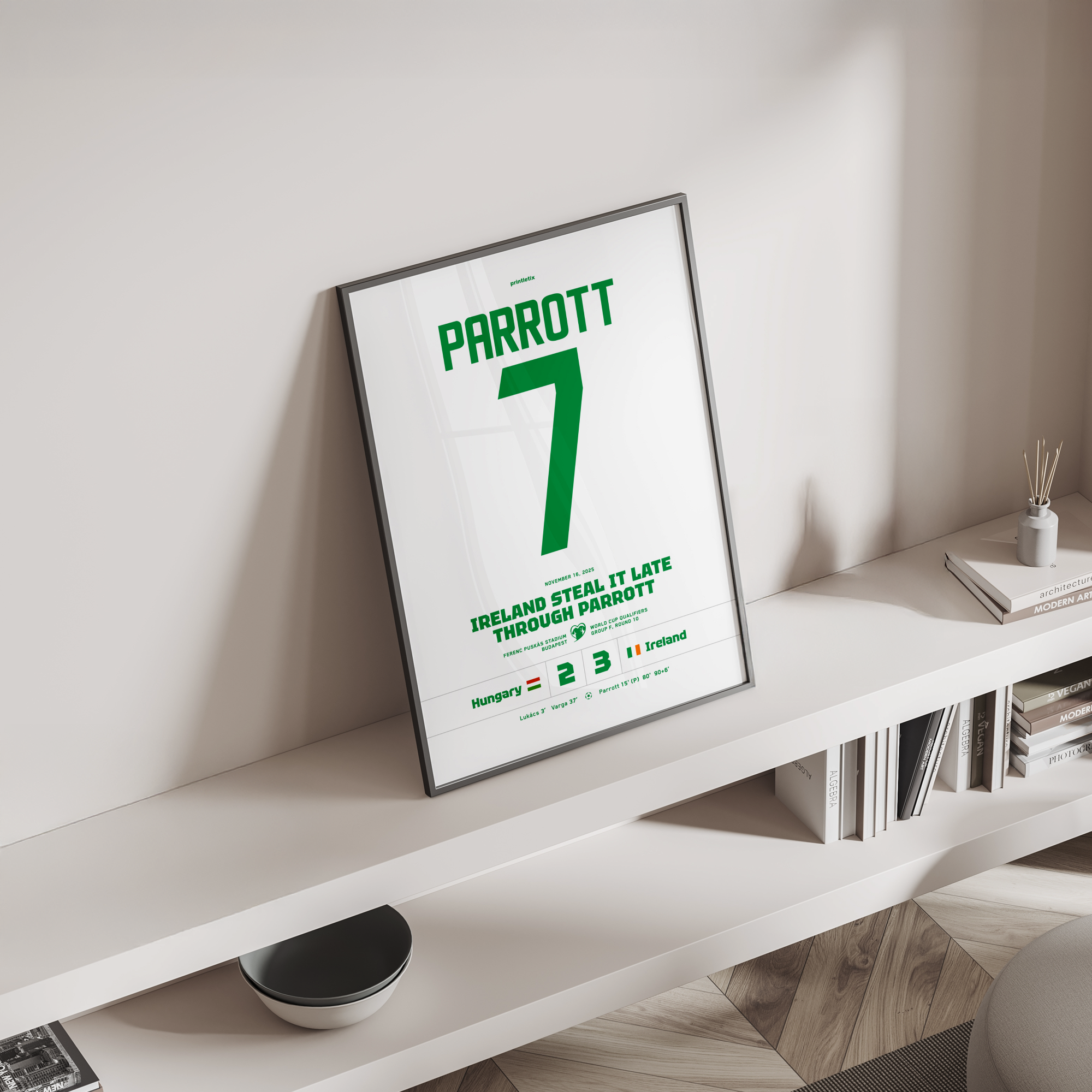 Green Army winning shirt poster standing on a shelf