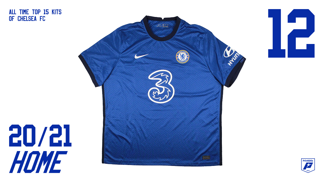 Chelsea FC 2020-21 home kit — royal blue with tonal geometric pattern, Nike, Three sponsor — Champions League winning shirt — ranked #12 in Printlétix all-time top 15