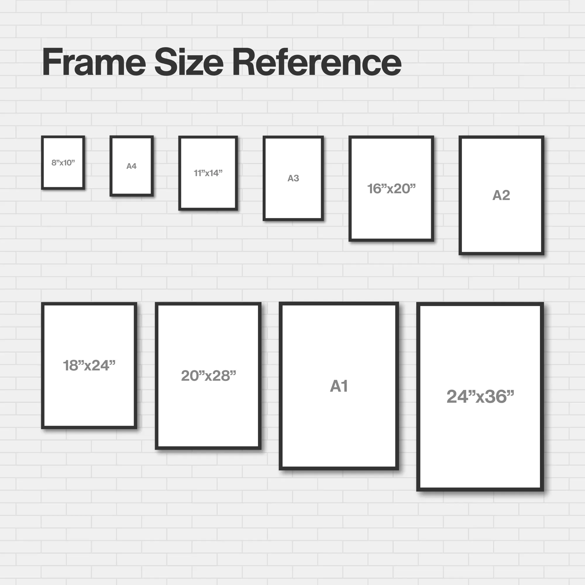 Comparison chart showing various poster sizes from 8x10" to 24x36" on a white brick wall.