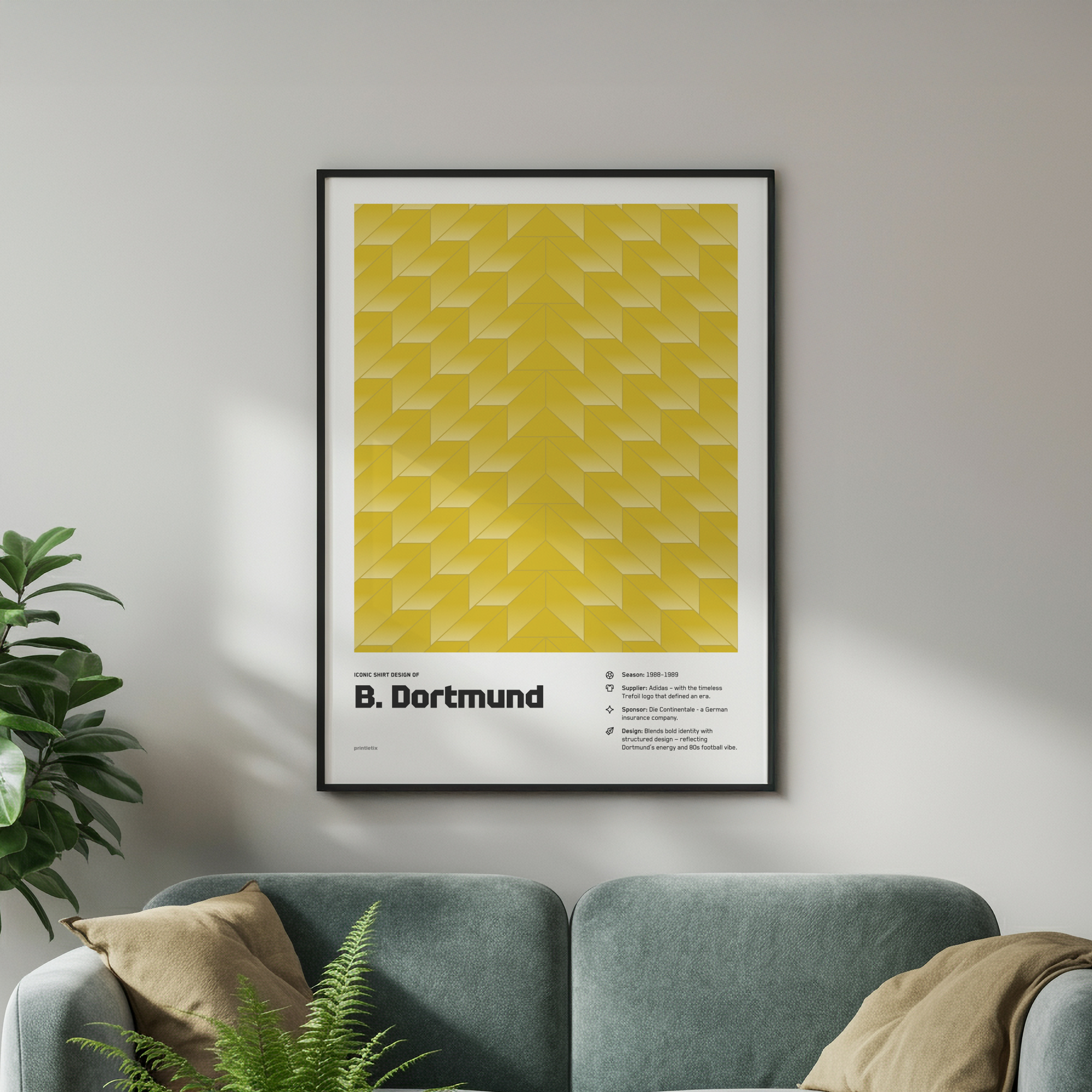 Borussia Dortmund 1988-1989 kit poster framed on wall