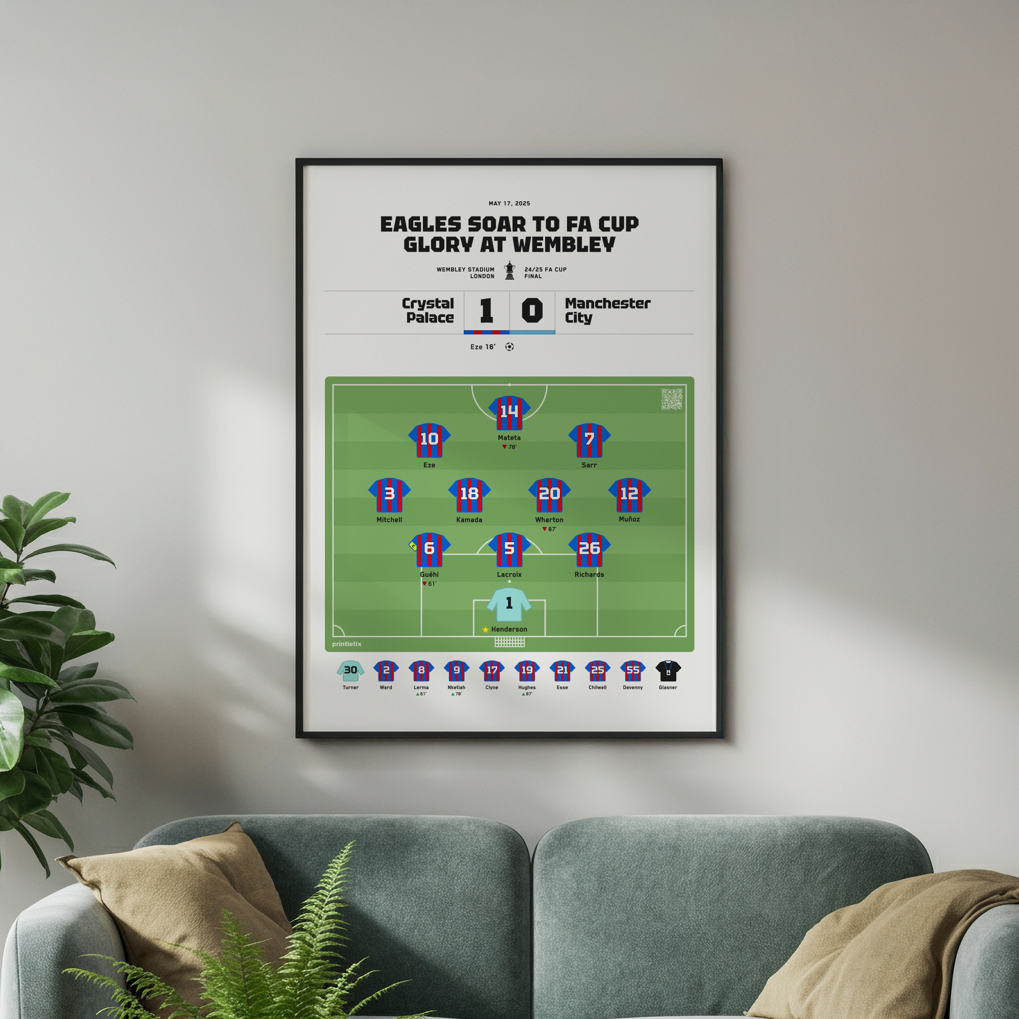 Crystal Palace 2025 Final match poster framed on wall