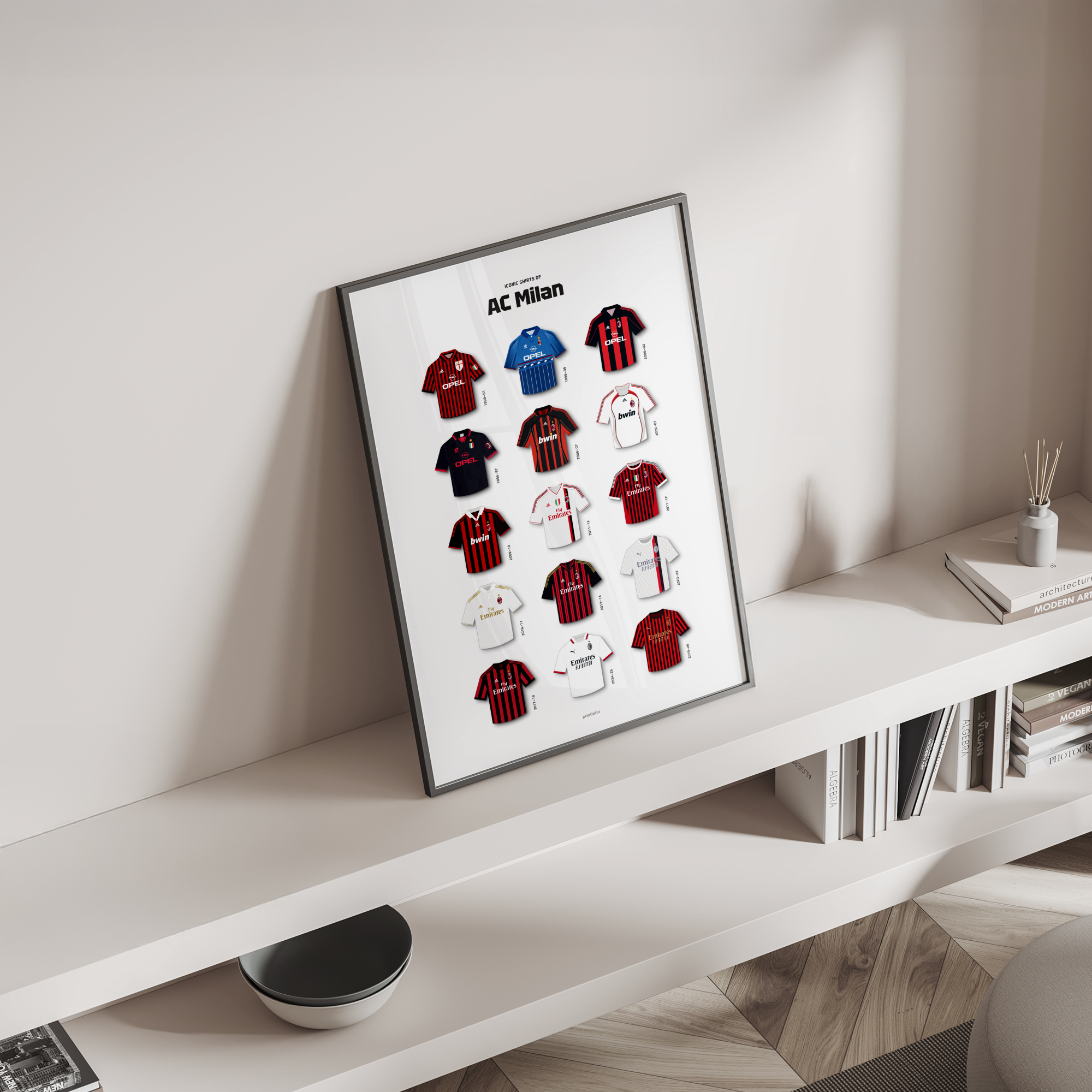 The Rossoneri iconic kits poster standing on a shelf
