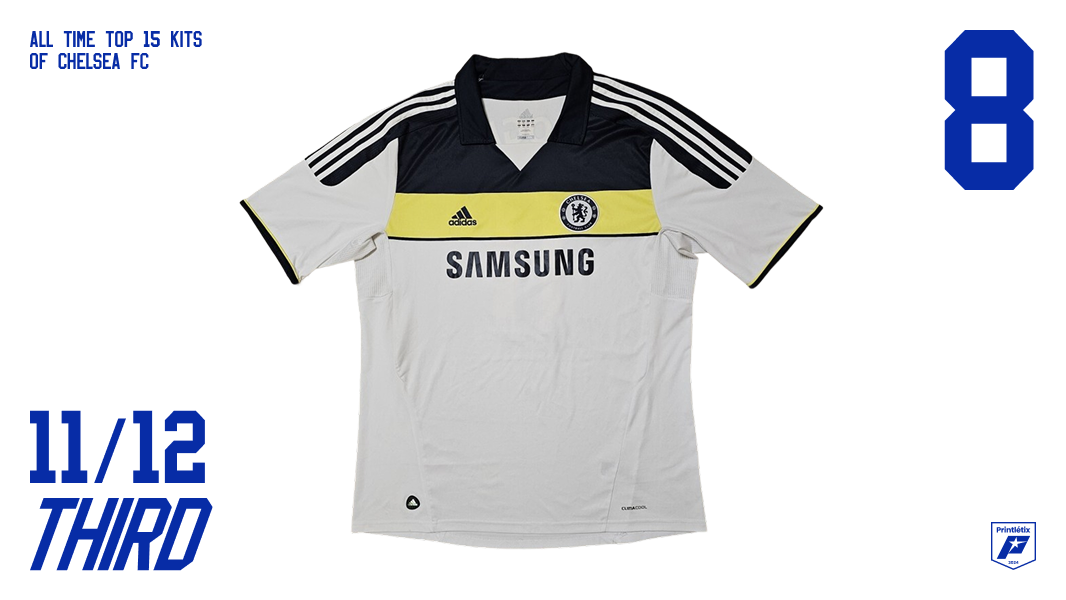Chelsea FC 2011-12 third kit — white with navy and yellow chest panel, Adidas, Samsung sponsor — ranked #8 in Printlétix all-time top 15