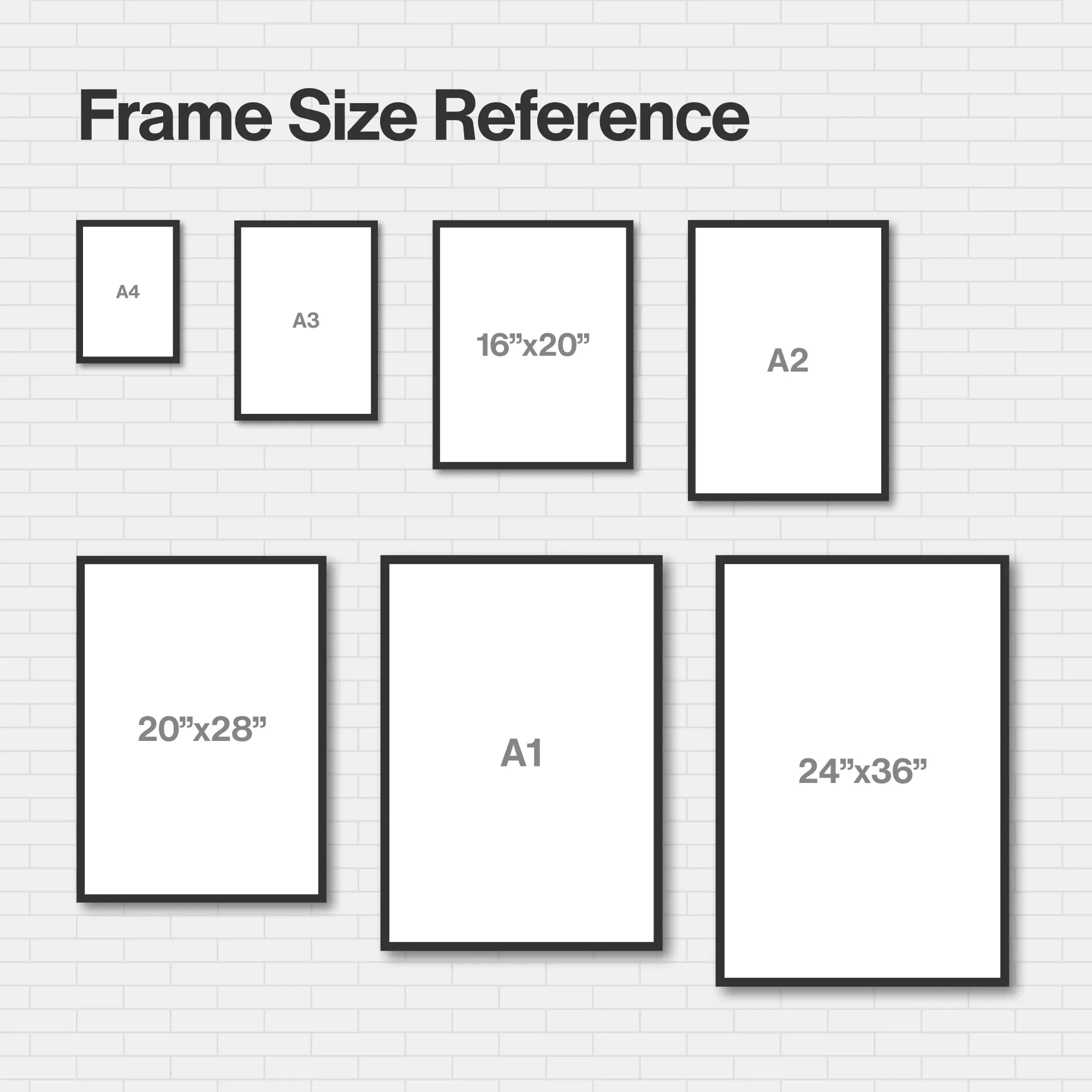 Frame size reference for sports posters, comparing wall art dimensions including A4, A3, A2, and A1 international sizes alongside 16x20", 20x28", and 24x36" frames against a white brick wall.