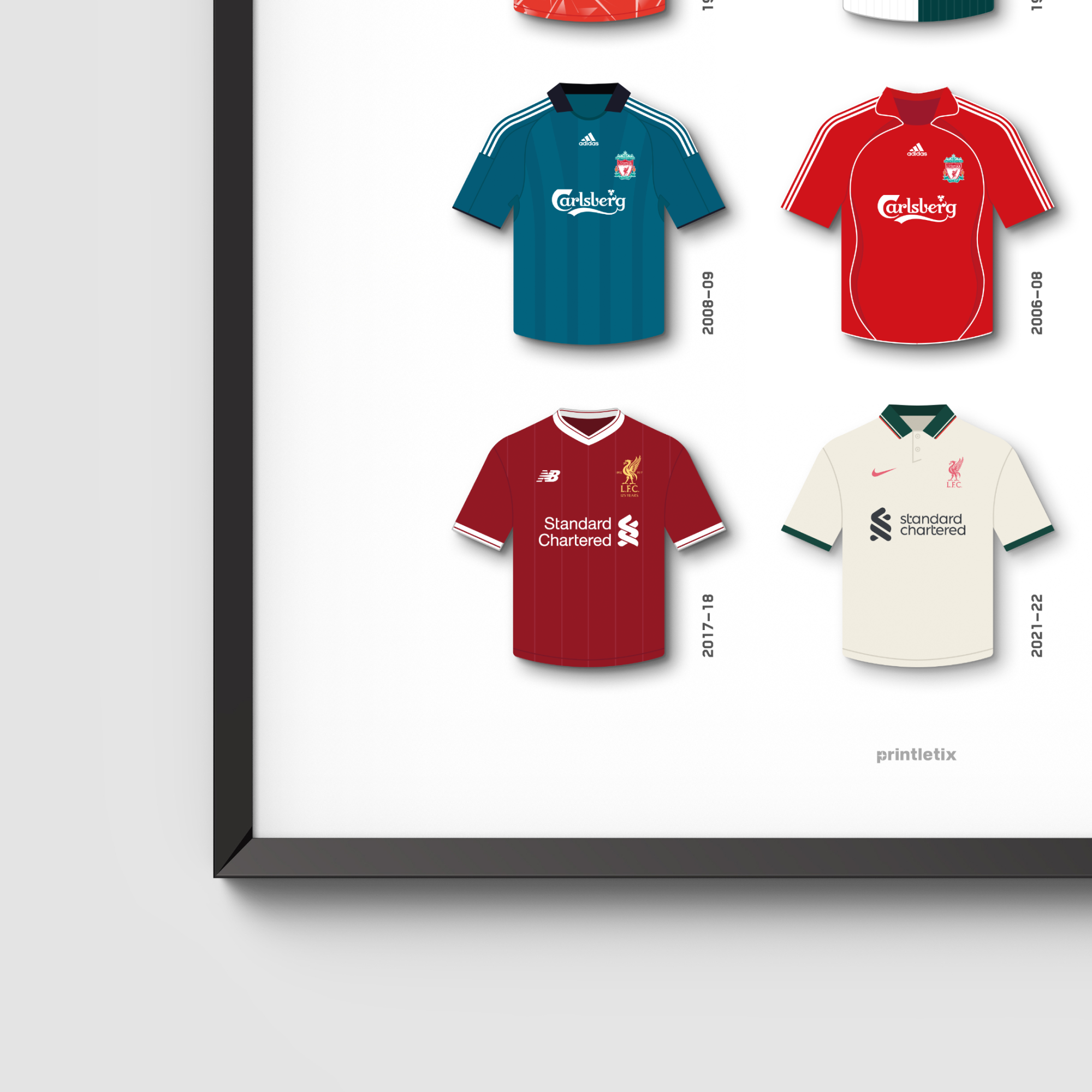 Close-up view of Liverpool FC retro jerseys wall art