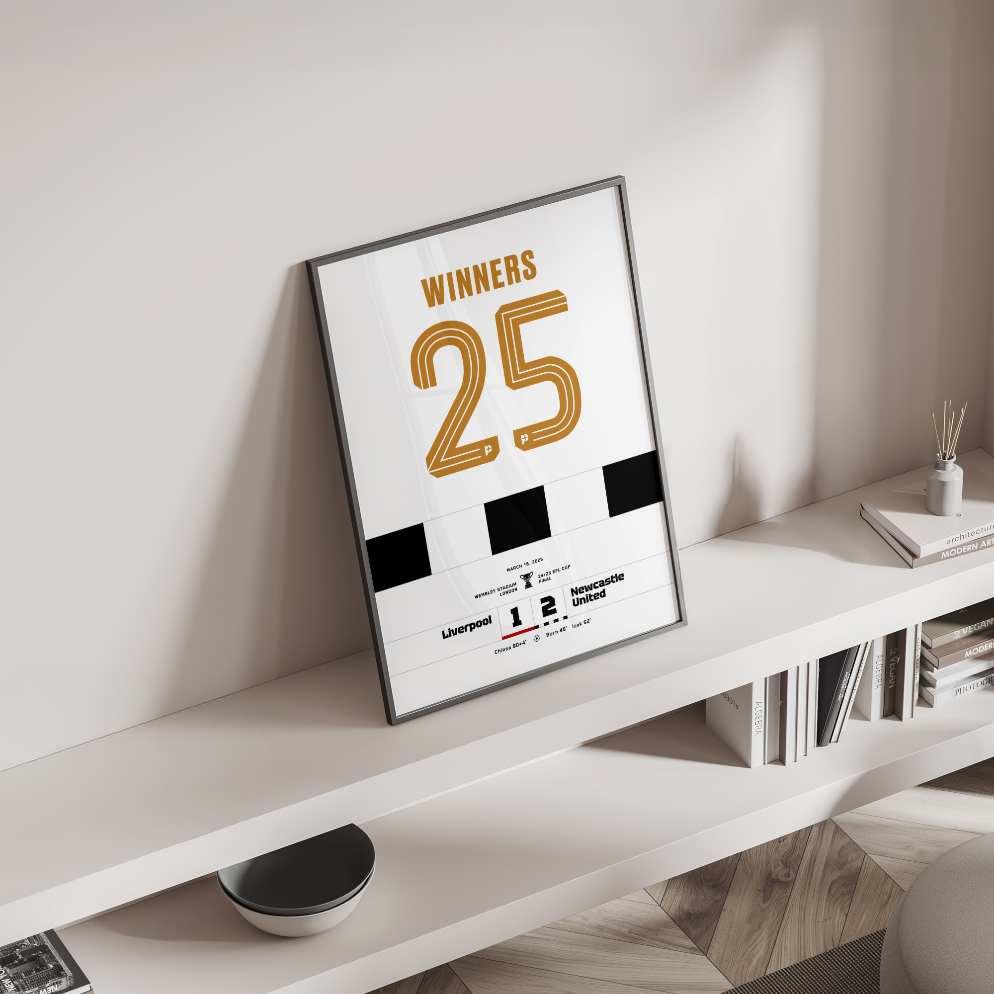 NUFC winning shirt poster standing on a shelf