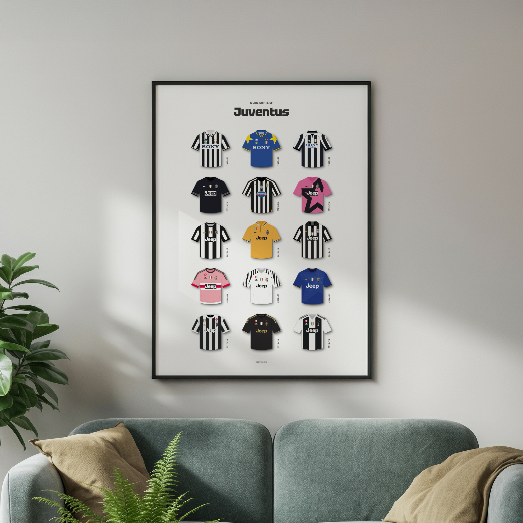 Juventus iconic shirts poster framed on wall