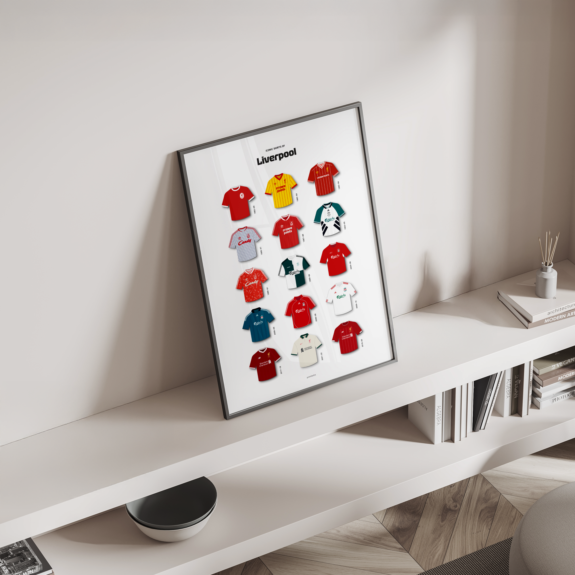 The Reds iconic kits poster standing on a shelf