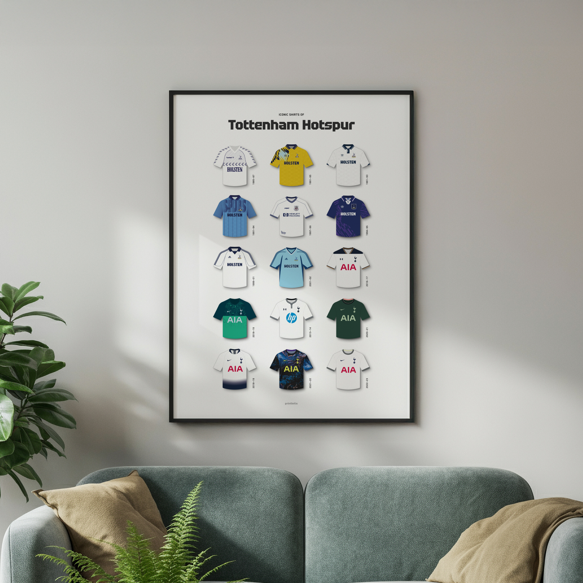Tottenham iconic shirts poster framed on wall