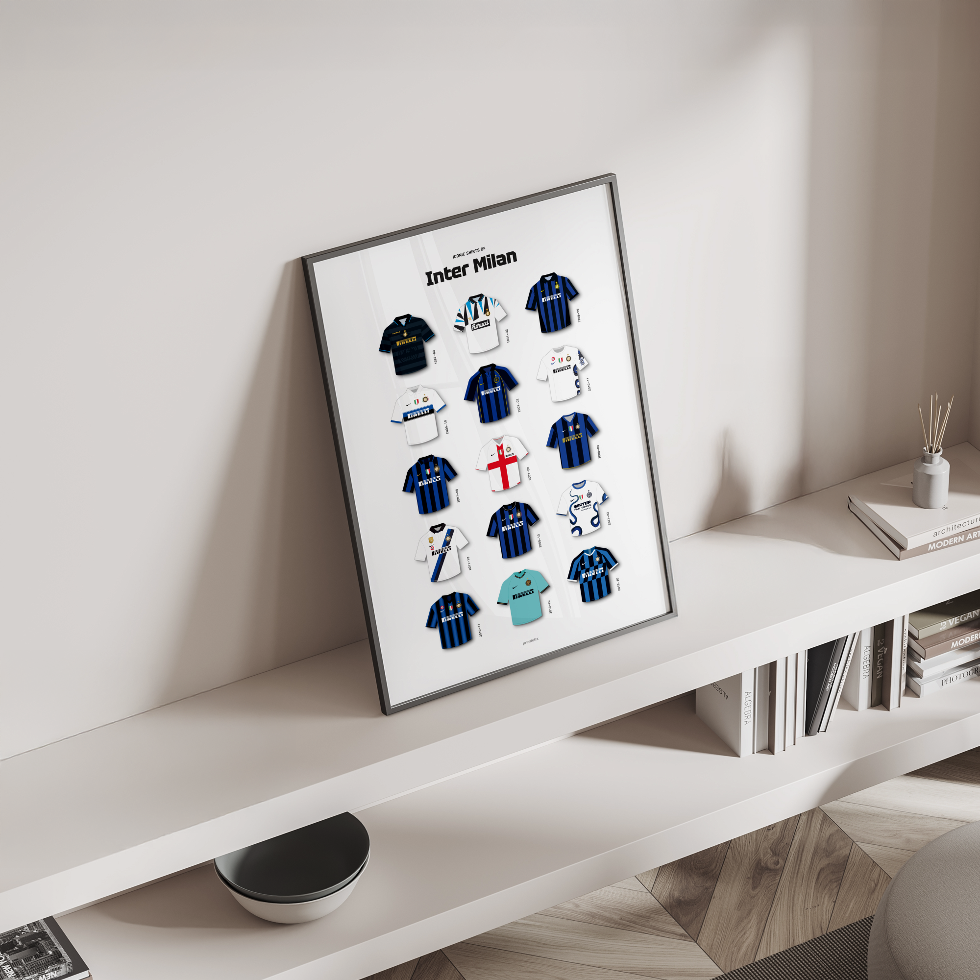 I Nerazzurri iconic kits poster standing on a shelf