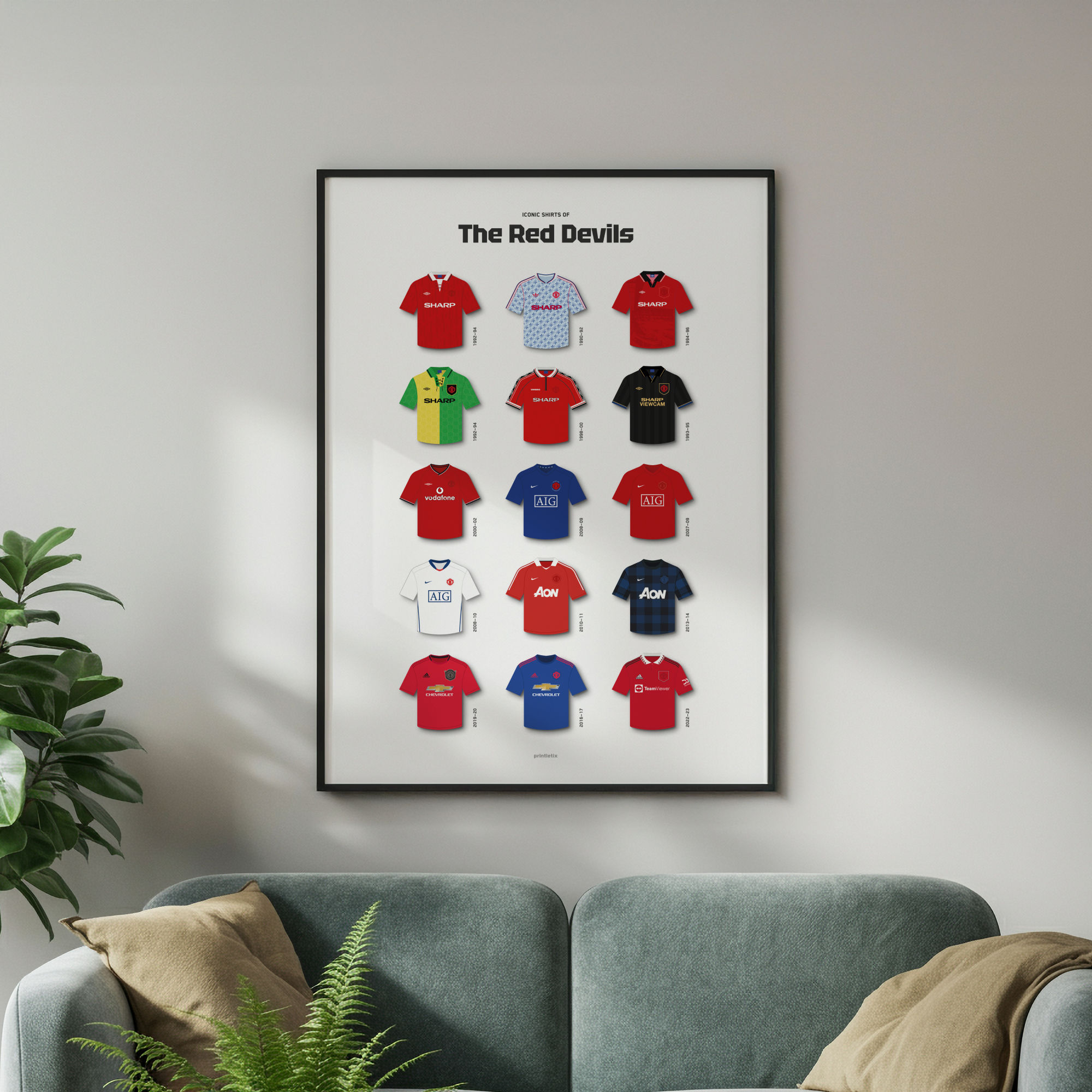Manchester United iconic shirts poster framed on wall