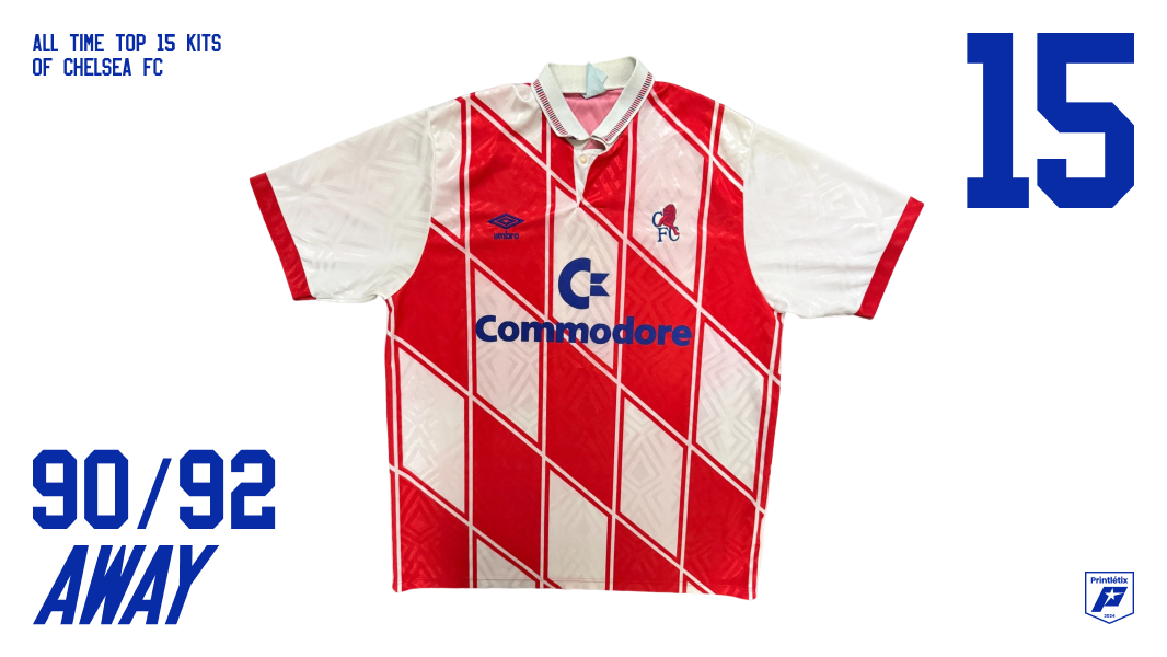 Chelsea FC 1990-92 away kit — red and white diagonal stripes, Umbro, Commodore sponsor — ranked #15 in Printlétix all-time top 15