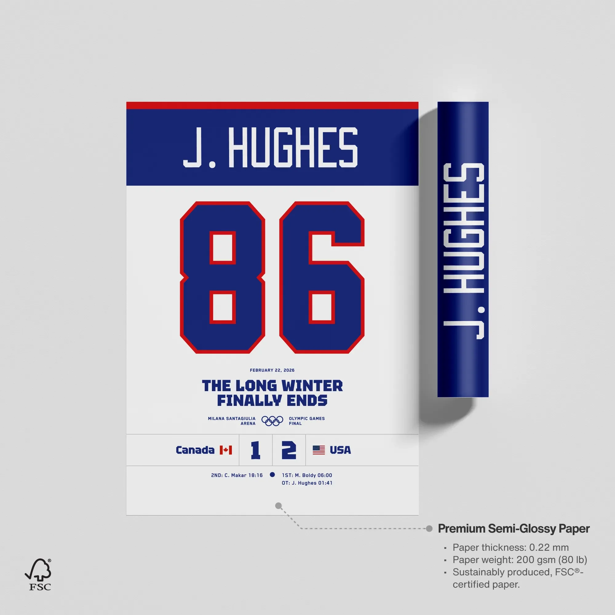 Product specification graphic showing the Jack Hughes poster printed on 200 gsm premium semi-glossy, FSC-certified sustainable paper