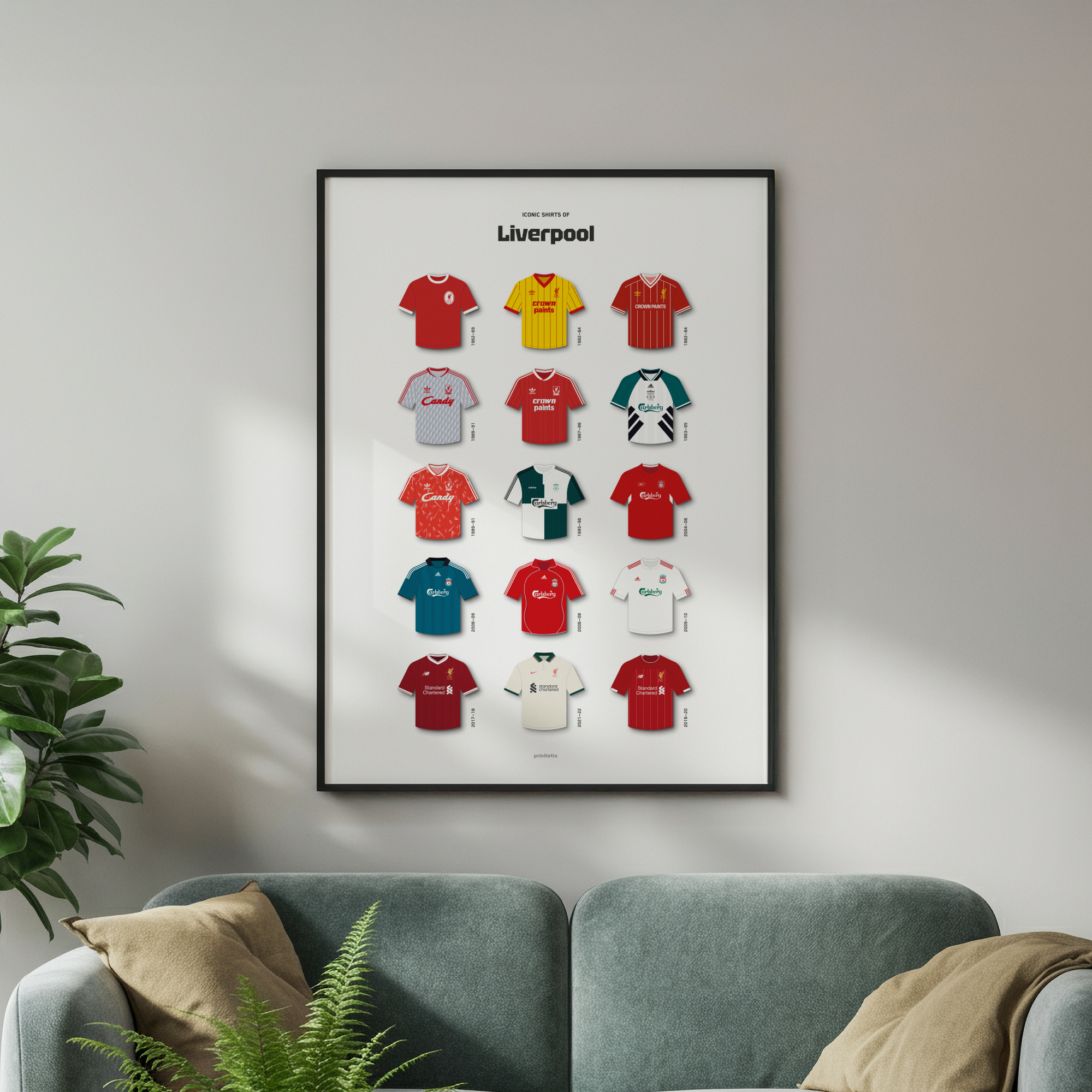 Liverpool iconic shirts poster framed on wall