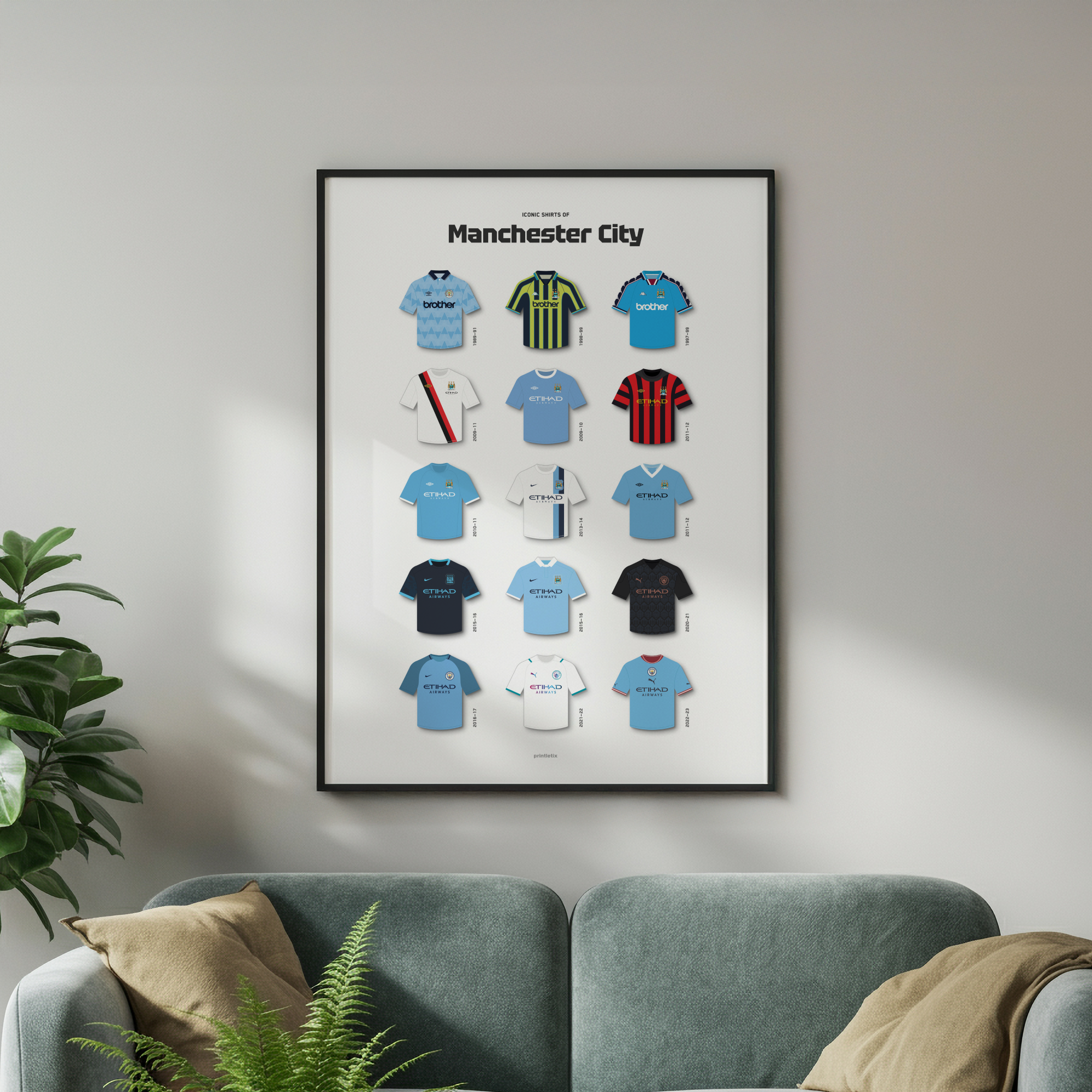 Manchester City iconic shirts poster framed on wall